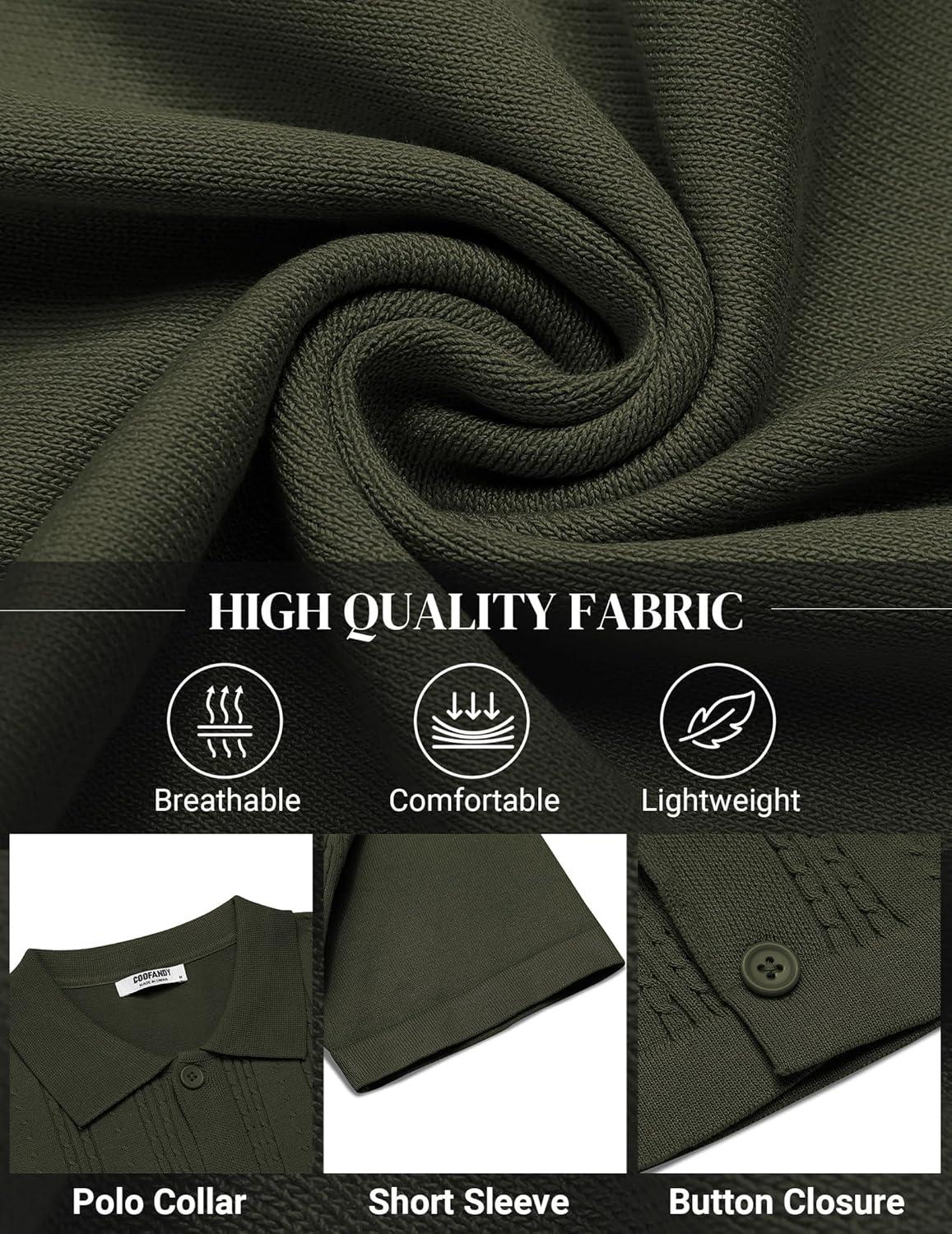 imageCOOFANDY Mens Knit Shirts Short Sleeve Casual Button Down Polo Shirt Summer Beach Vacation ShirtsArmy Green