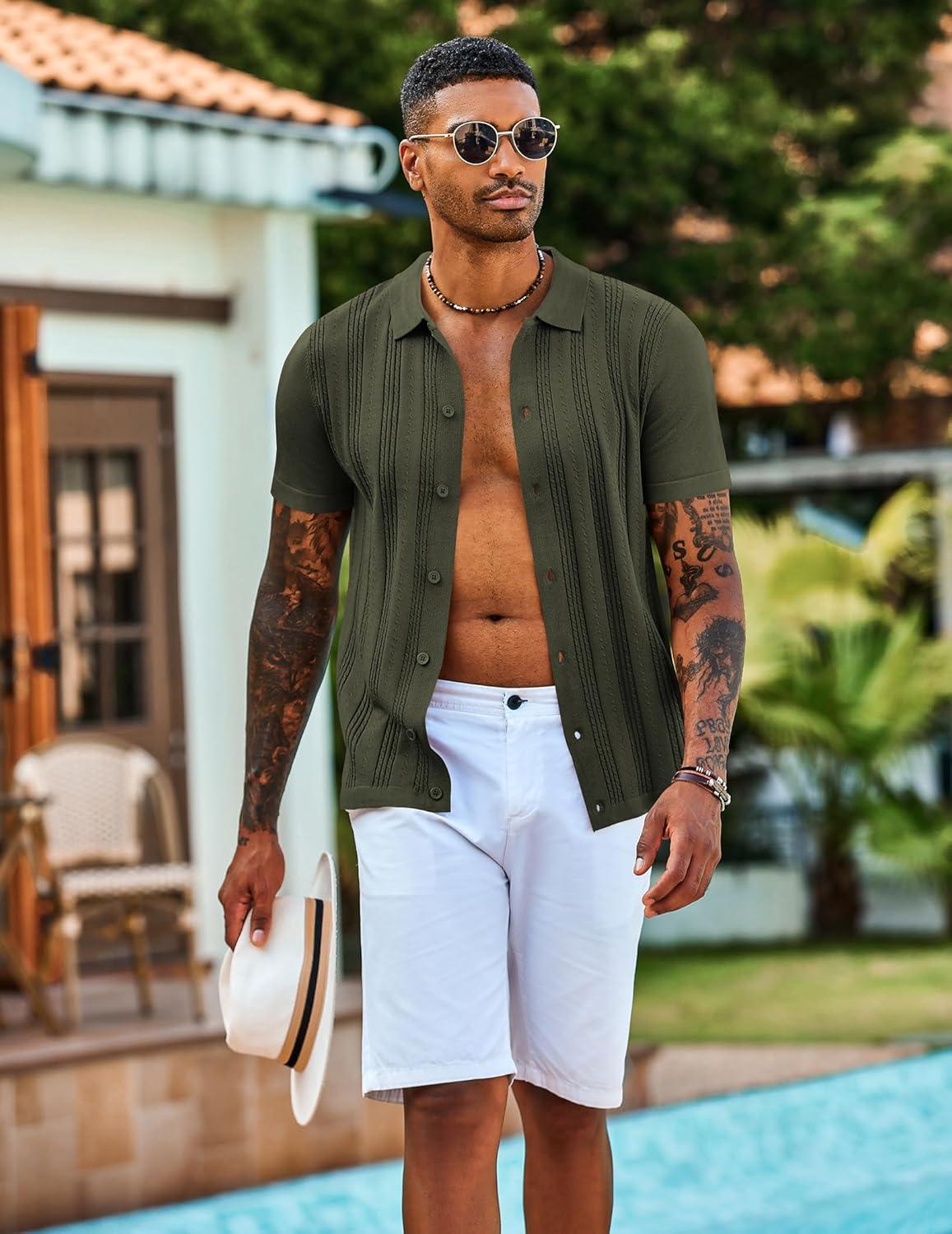 imageCOOFANDY Mens Knit Shirts Short Sleeve Casual Button Down Polo Shirt Summer Beach Vacation ShirtsArmy Green