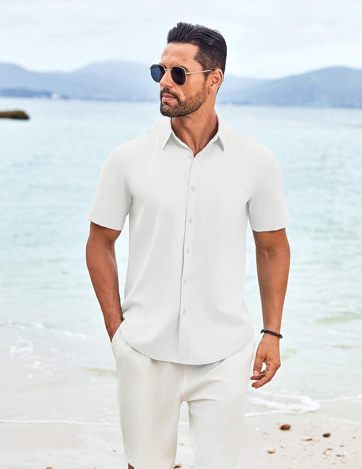 imageCOOFANDY Mens Knit Shirts Short Sleeve Casual Button Down Polo Shirt Summer Beach Vacation ShirtsAwhite