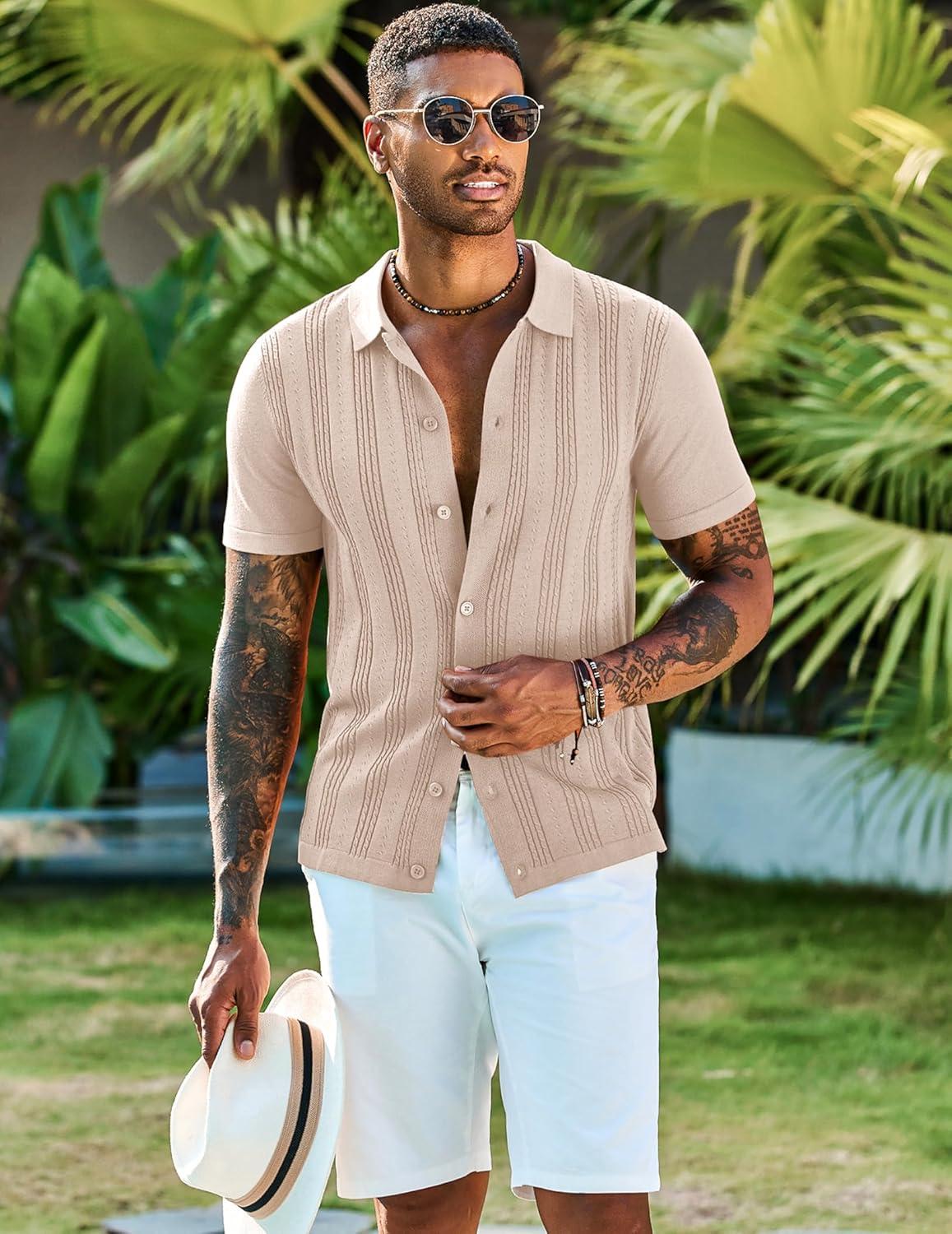 imageCOOFANDY Mens Knit Shirts Short Sleeve Casual Button Down Polo Shirt Summer Beach Vacation ShirtsBeige