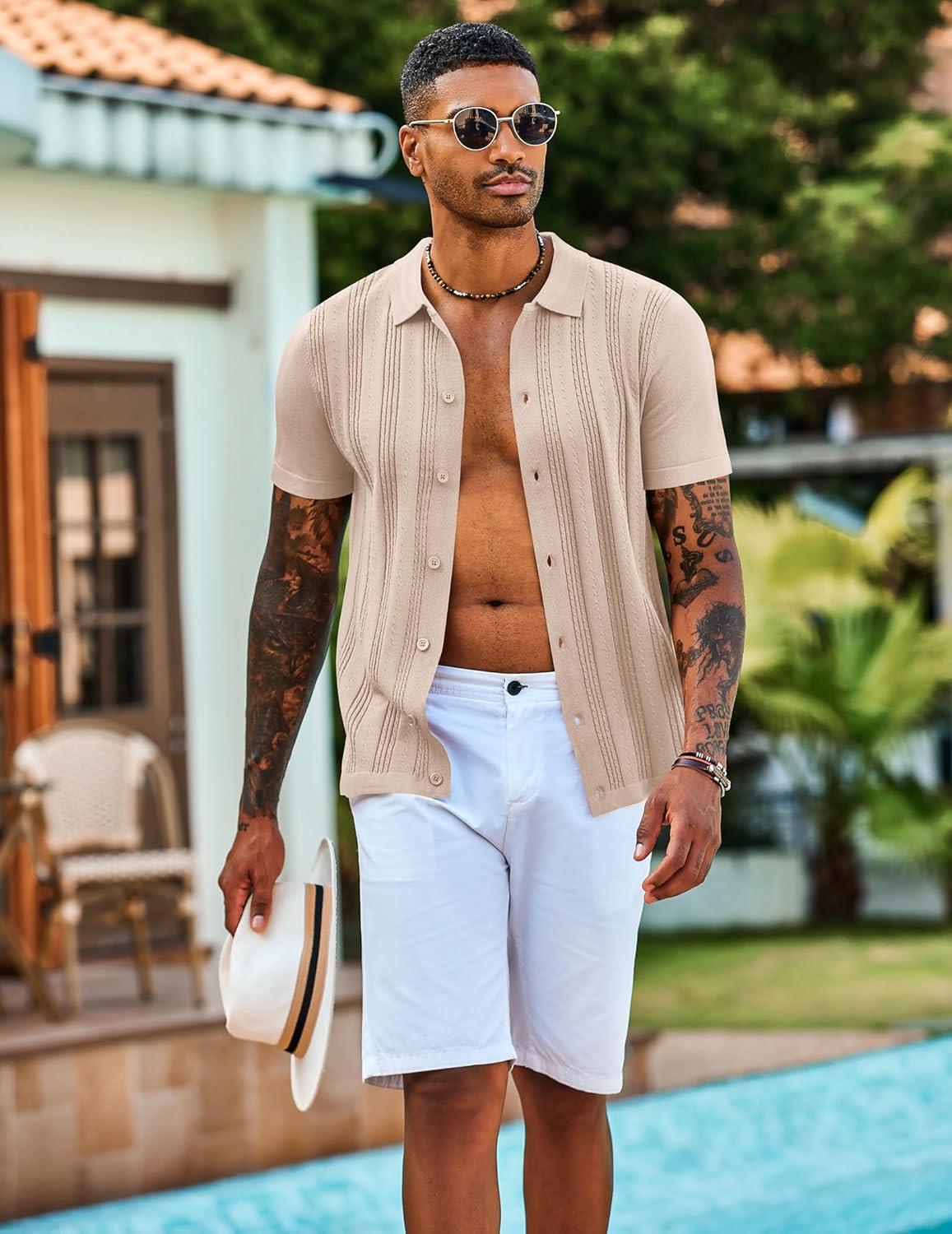 imageCOOFANDY Mens Knit Shirts Short Sleeve Casual Button Down Polo Shirt Summer Beach Vacation ShirtsBeige
