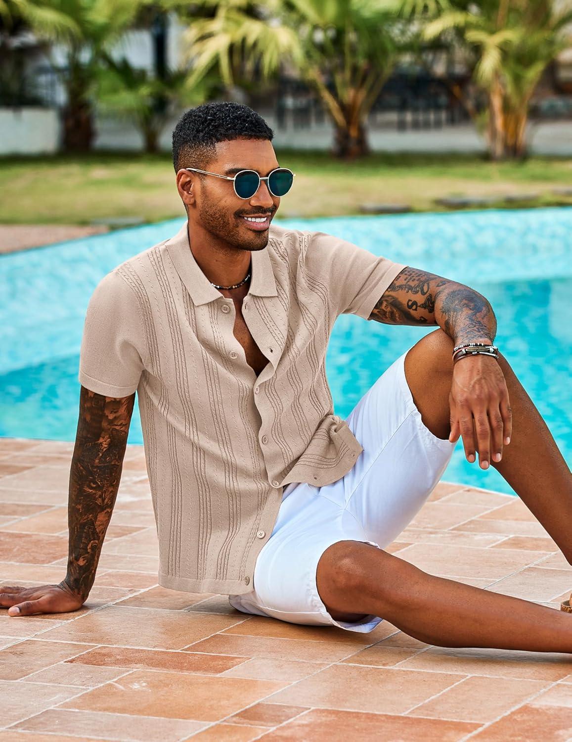 imageCOOFANDY Mens Knit Shirts Short Sleeve Casual Button Down Polo Shirt Summer Beach Vacation ShirtsBeige
