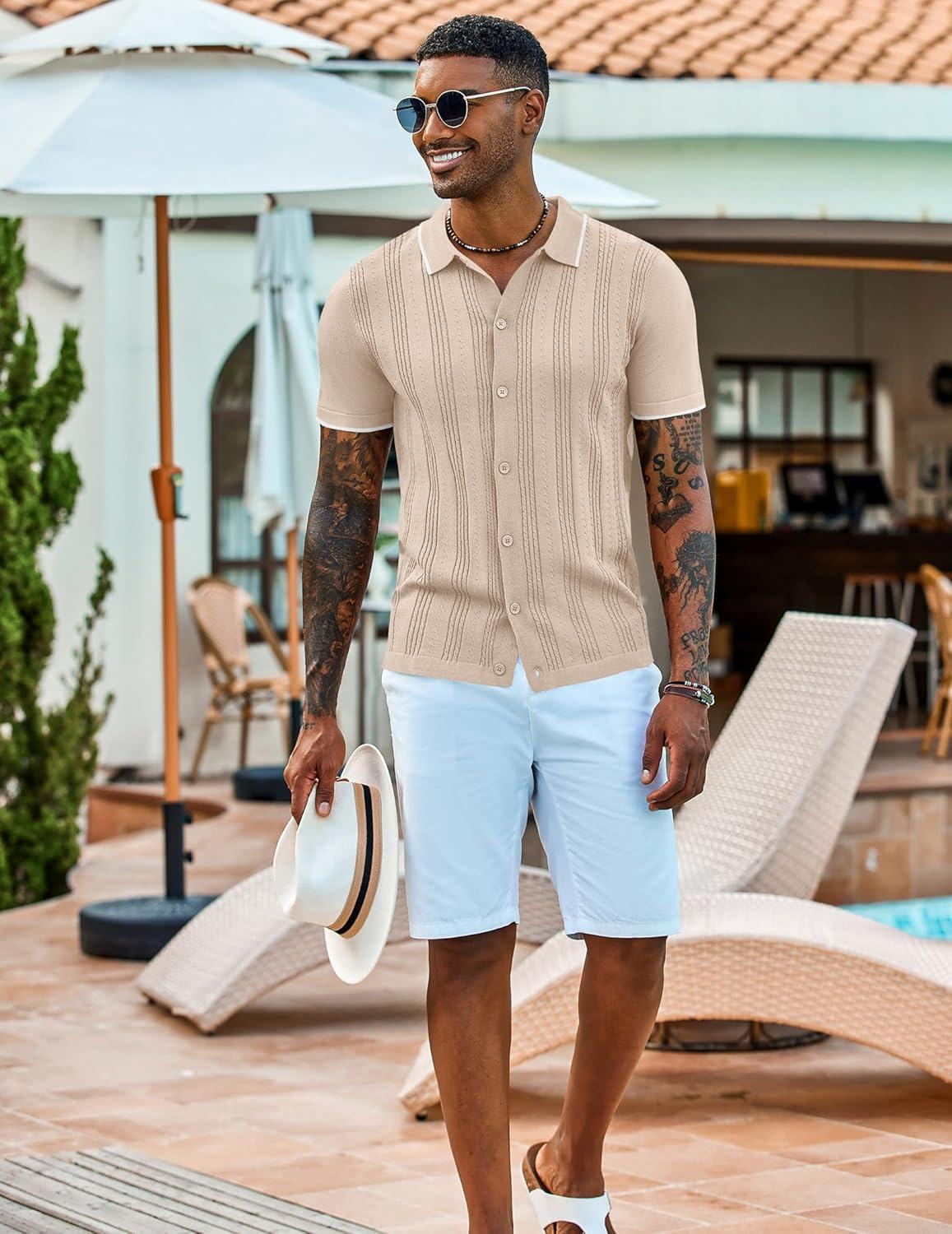 imageCOOFANDY Mens Knit Shirts Short Sleeve Casual Button Down Polo Shirt Summer Beach Vacation ShirtsBeige White