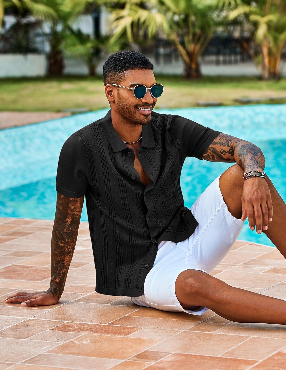imageCOOFANDY Mens Knit Shirts Short Sleeve Casual Button Down Polo Shirt Summer Beach Vacation ShirtsBlack