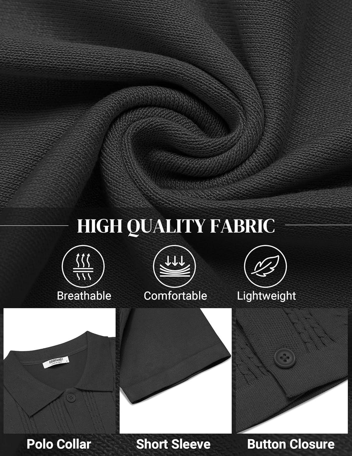 imageCOOFANDY Mens Knit Shirts Short Sleeve Casual Button Down Polo Shirt Summer Beach Vacation ShirtsBlack