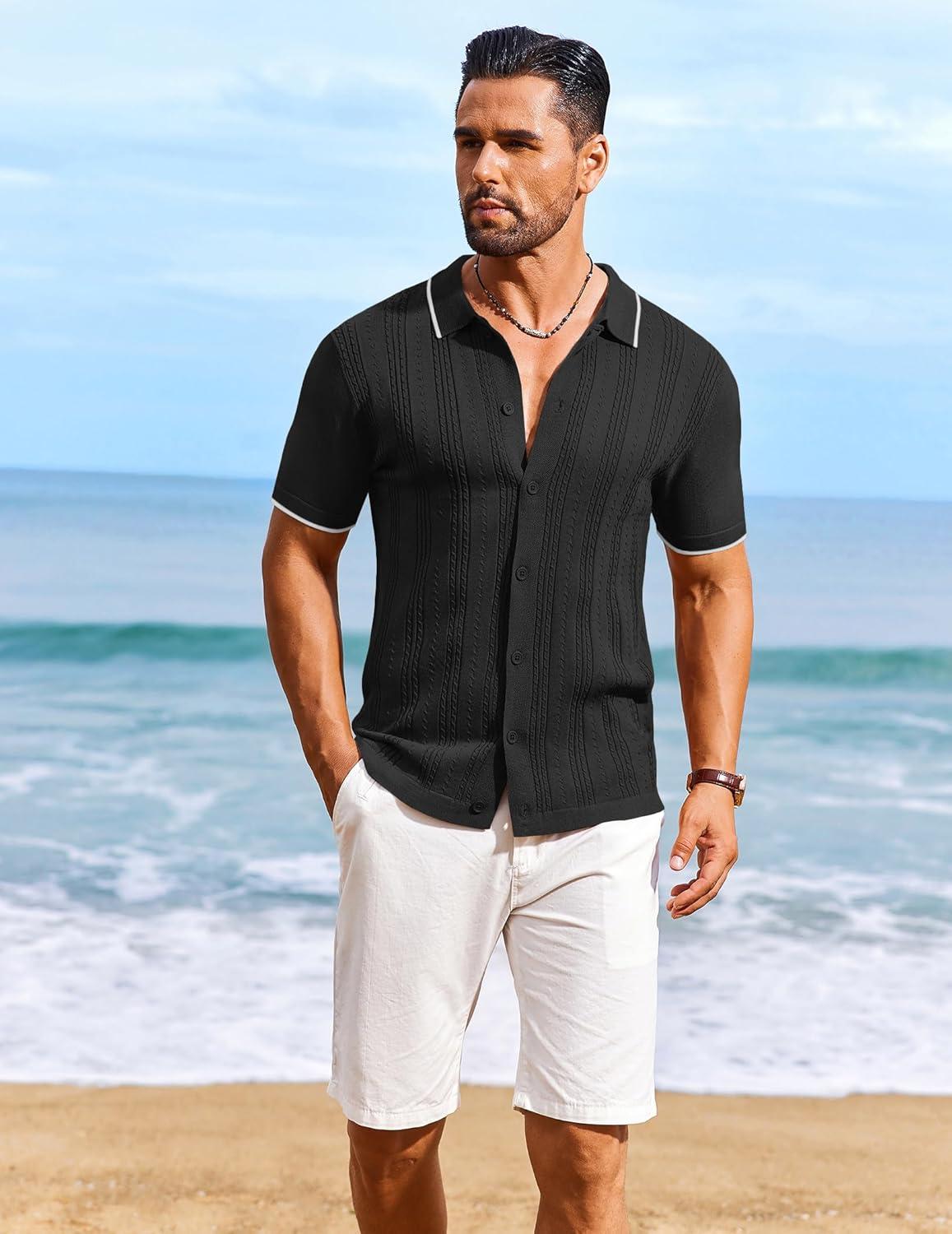 imageCOOFANDY Mens Knit Shirts Short Sleeve Casual Button Down Polo Shirt Summer Beach Vacation ShirtsBlack White