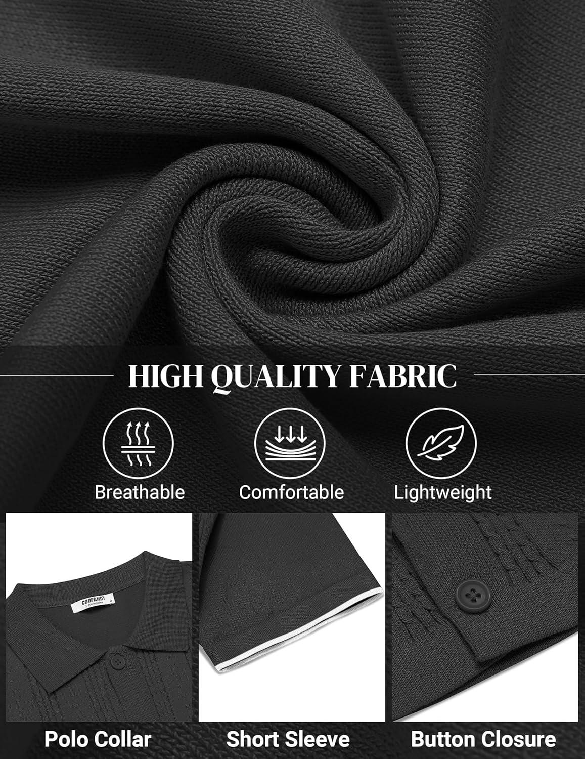 imageCOOFANDY Mens Knit Shirts Short Sleeve Casual Button Down Polo Shirt Summer Beach Vacation ShirtsBlack White