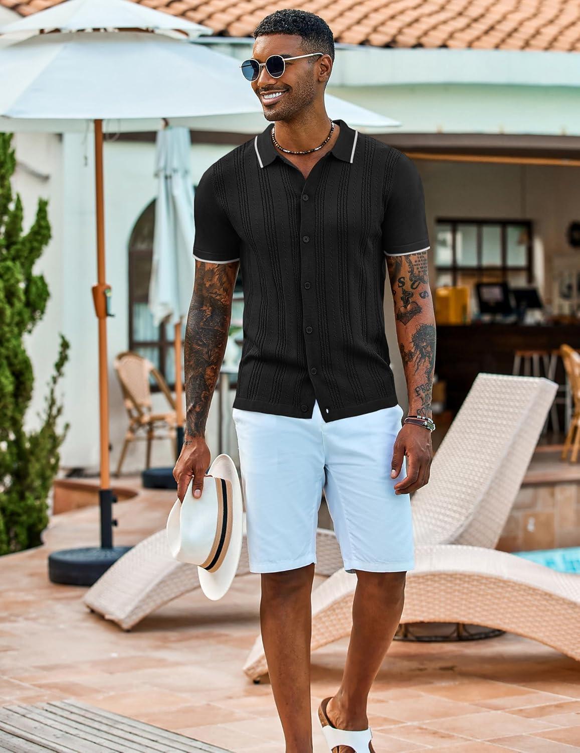 imageCOOFANDY Mens Knit Shirts Short Sleeve Casual Button Down Polo Shirt Summer Beach Vacation ShirtsBlack White