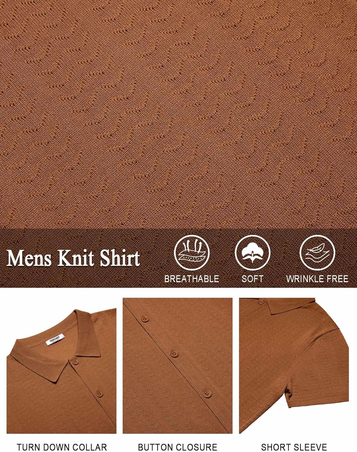 imageCOOFANDY Mens Knit Shirts Short Sleeve Casual Button Down Polo Shirt Summer Beach Vacation ShirtsBrown
