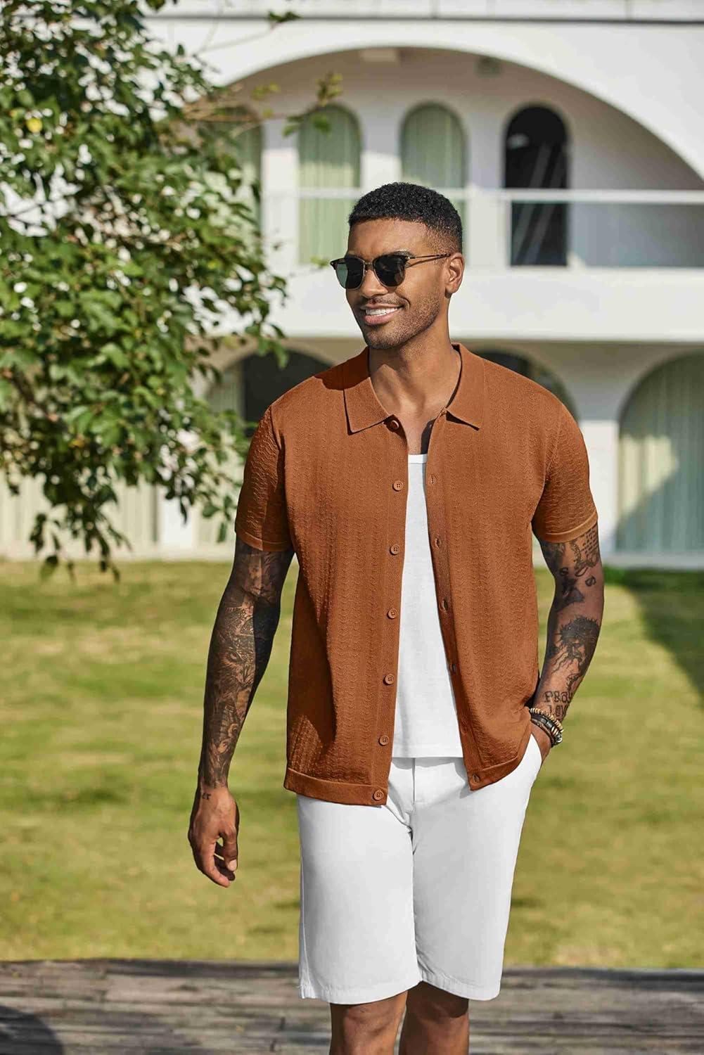 imageCOOFANDY Mens Knit Shirts Short Sleeve Casual Button Down Polo Shirt Summer Beach Vacation ShirtsBrown