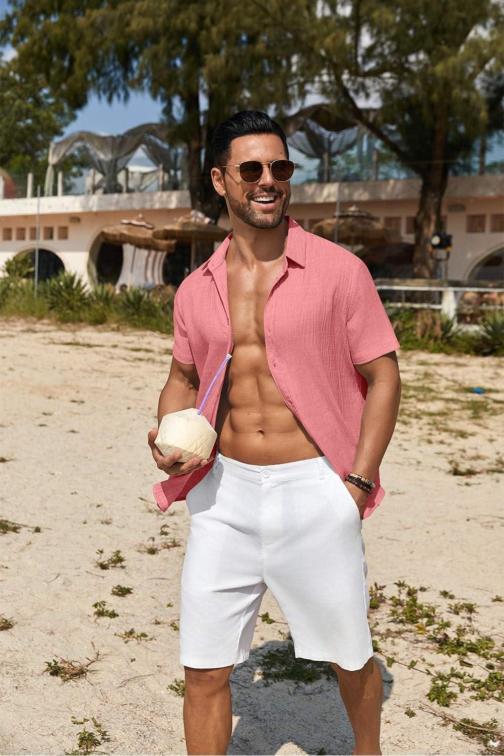 imageCOOFANDY Mens Knit Shirts Short Sleeve Casual Button Down Polo Shirt Summer Beach Vacation ShirtsChampagne Pink