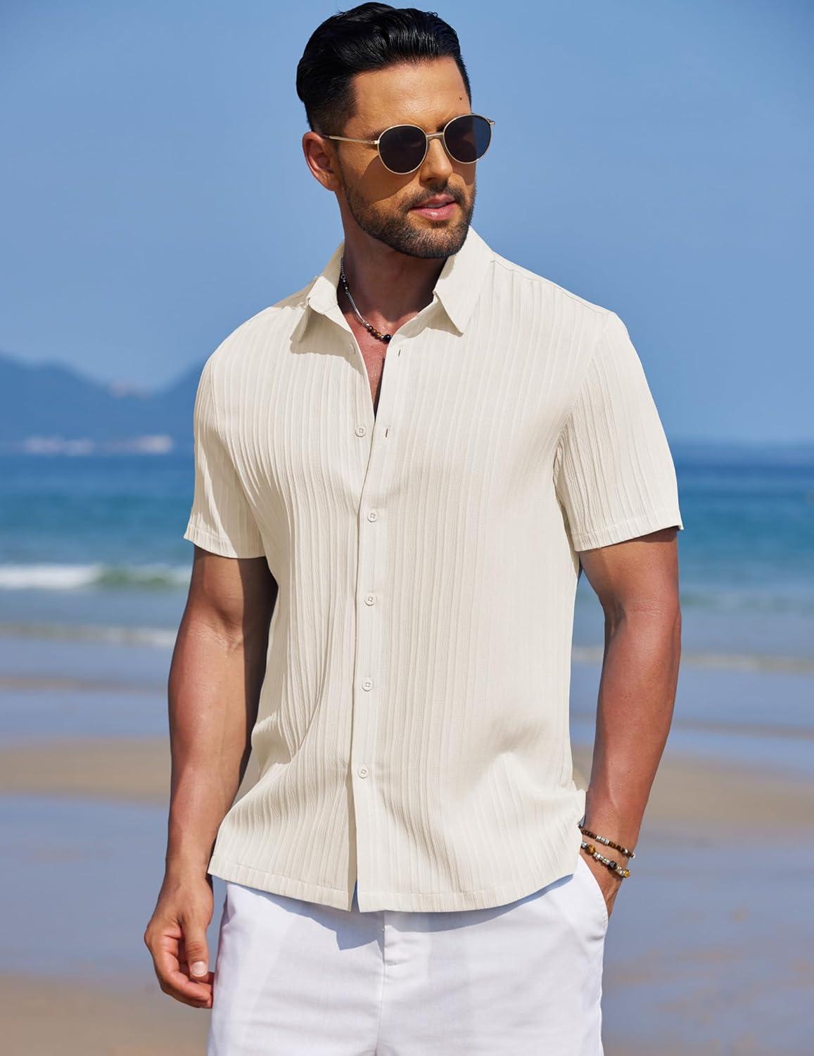 imageCOOFANDY Mens Knit Shirts Short Sleeve Casual Button Down Polo Shirt Summer Beach Vacation ShirtsCream