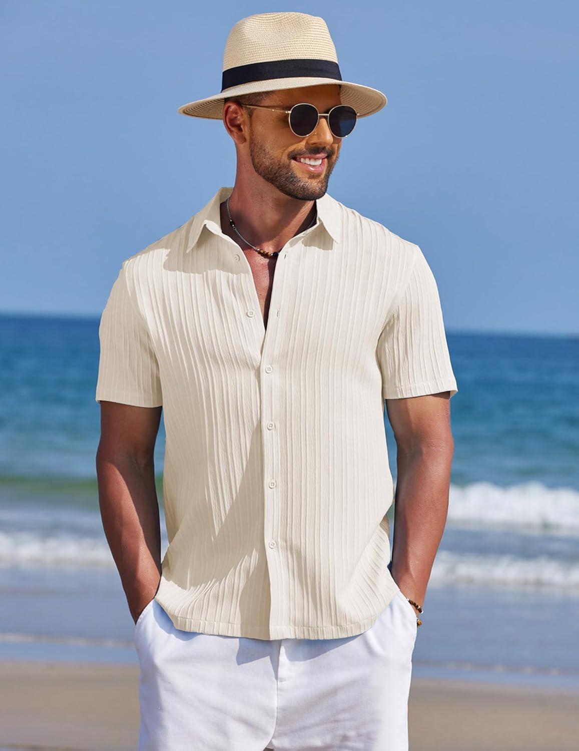 imageCOOFANDY Mens Knit Shirts Short Sleeve Casual Button Down Polo Shirt Summer Beach Vacation ShirtsCream