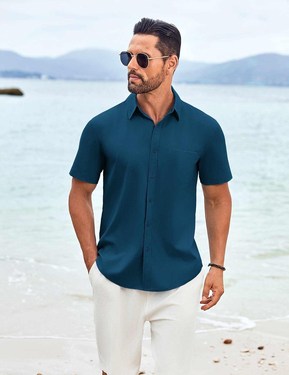imageCOOFANDY Mens Knit Shirts Short Sleeve Casual Button Down Polo Shirt Summer Beach Vacation ShirtsDark Blue