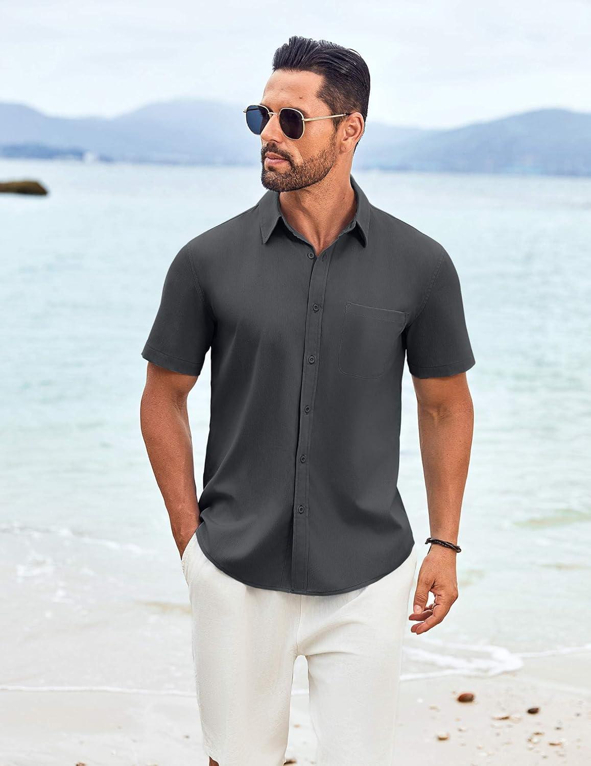 imageCOOFANDY Mens Knit Shirts Short Sleeve Casual Button Down Polo Shirt Summer Beach Vacation ShirtsDark Grey