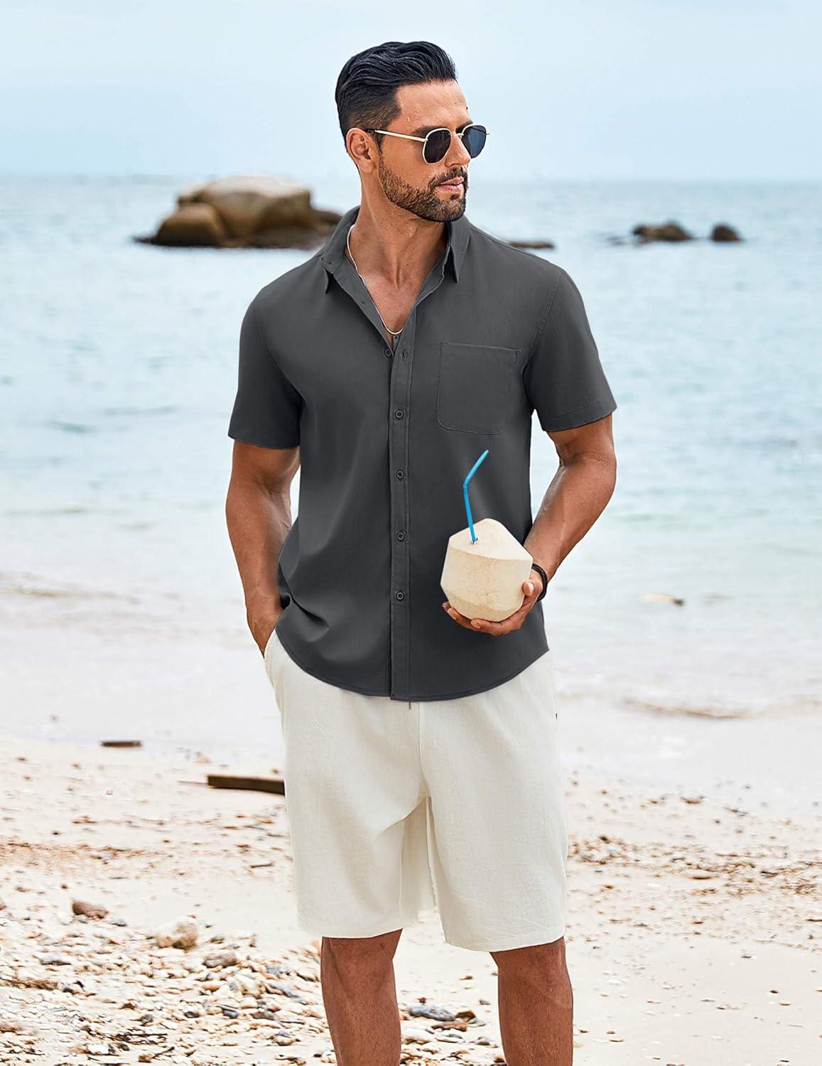 imageCOOFANDY Mens Knit Shirts Short Sleeve Casual Button Down Polo Shirt Summer Beach Vacation ShirtsDark Grey