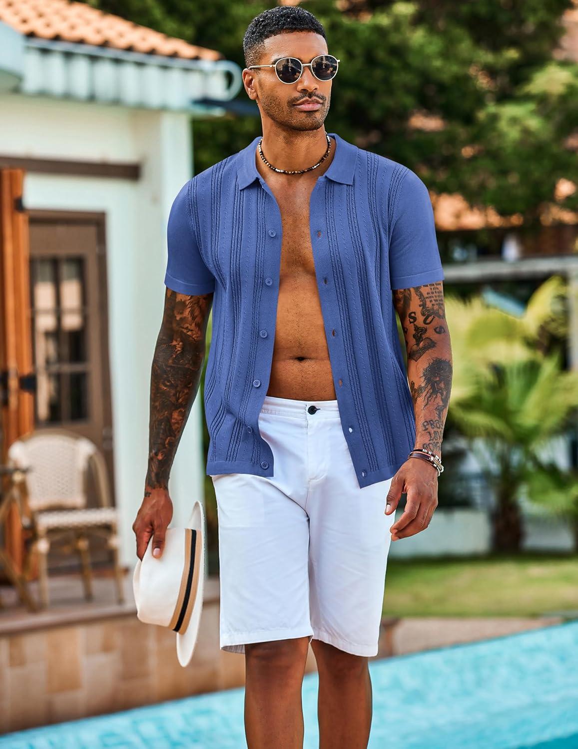 imageCOOFANDY Mens Knit Shirts Short Sleeve Casual Button Down Polo Shirt Summer Beach Vacation ShirtsDenim Blue