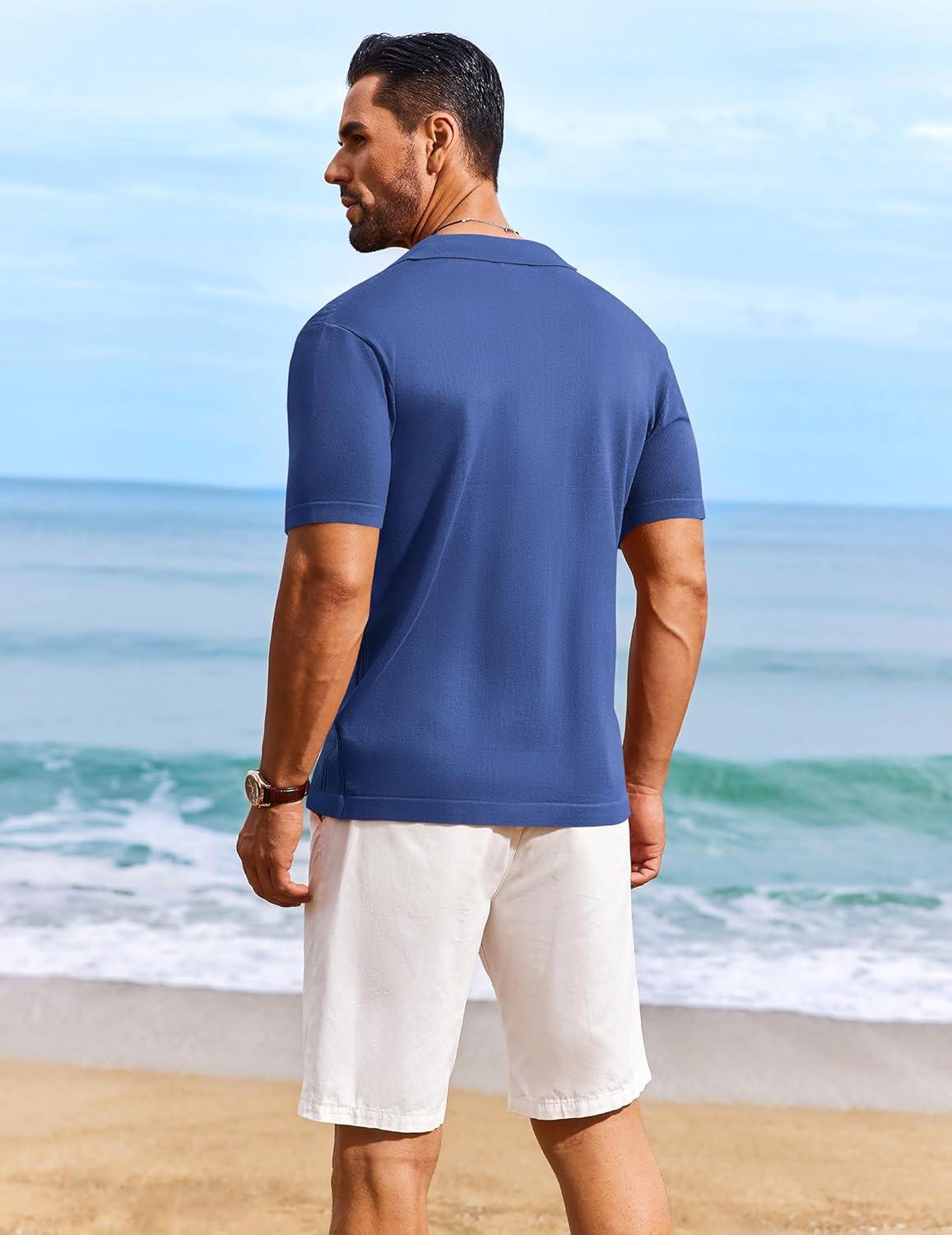 imageCOOFANDY Mens Knit Shirts Short Sleeve Casual Button Down Polo Shirt Summer Beach Vacation ShirtsDenim Blue