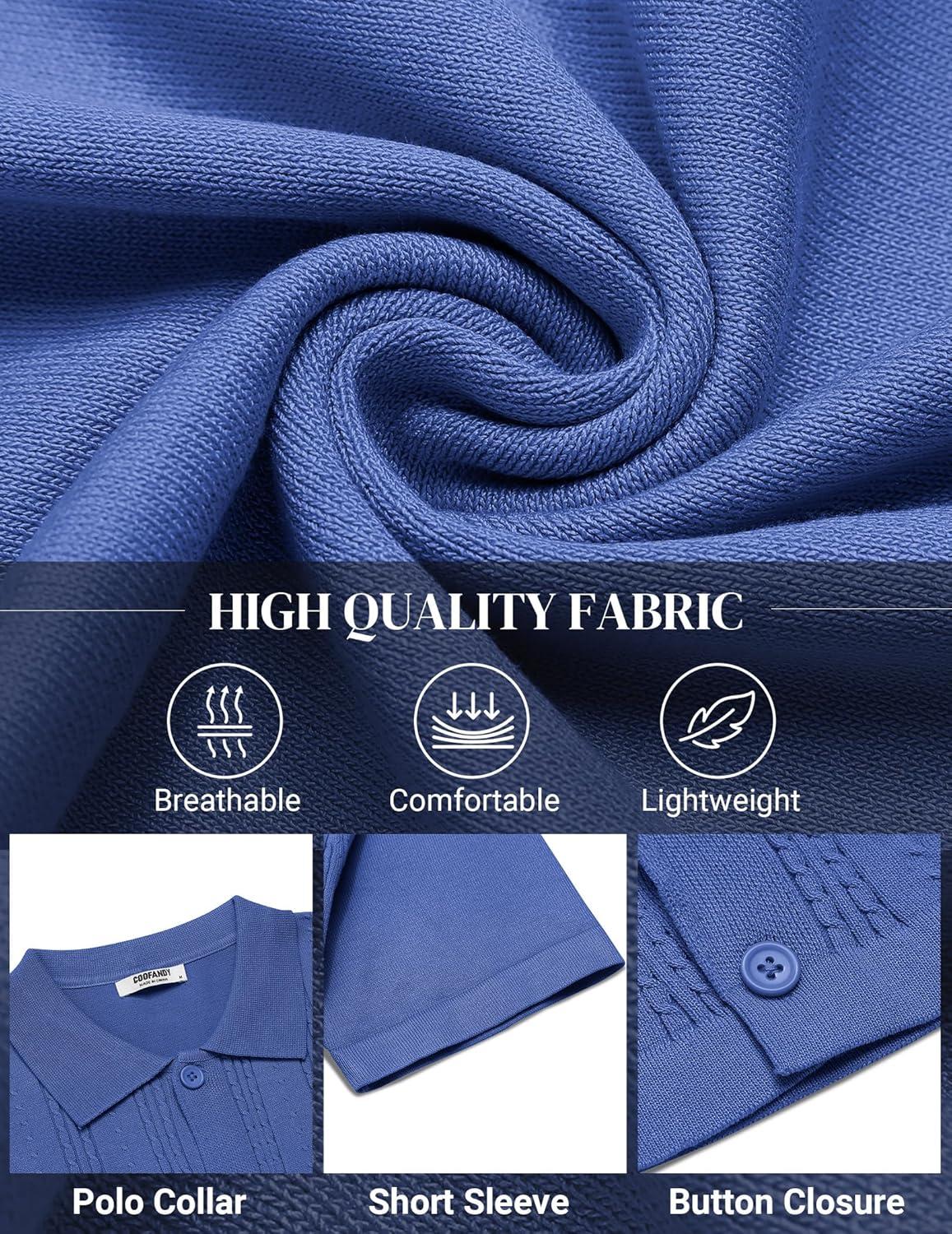 imageCOOFANDY Mens Knit Shirts Short Sleeve Casual Button Down Polo Shirt Summer Beach Vacation ShirtsDenim Blue