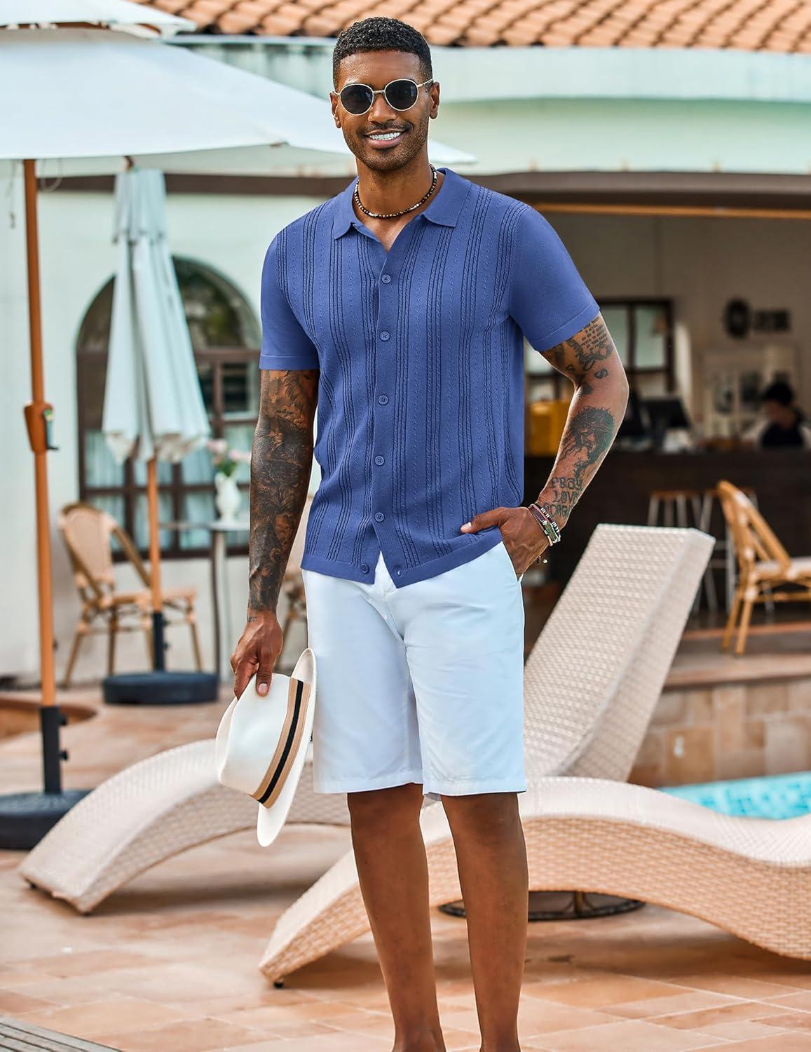 imageCOOFANDY Mens Knit Shirts Short Sleeve Casual Button Down Polo Shirt Summer Beach Vacation ShirtsDenim Blue