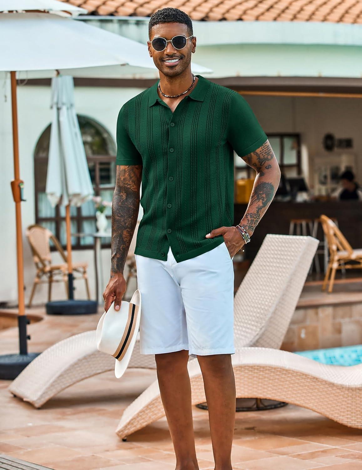 imageCOOFANDY Mens Knit Shirts Short Sleeve Casual Button Down Polo Shirt Summer Beach Vacation ShirtsGreen