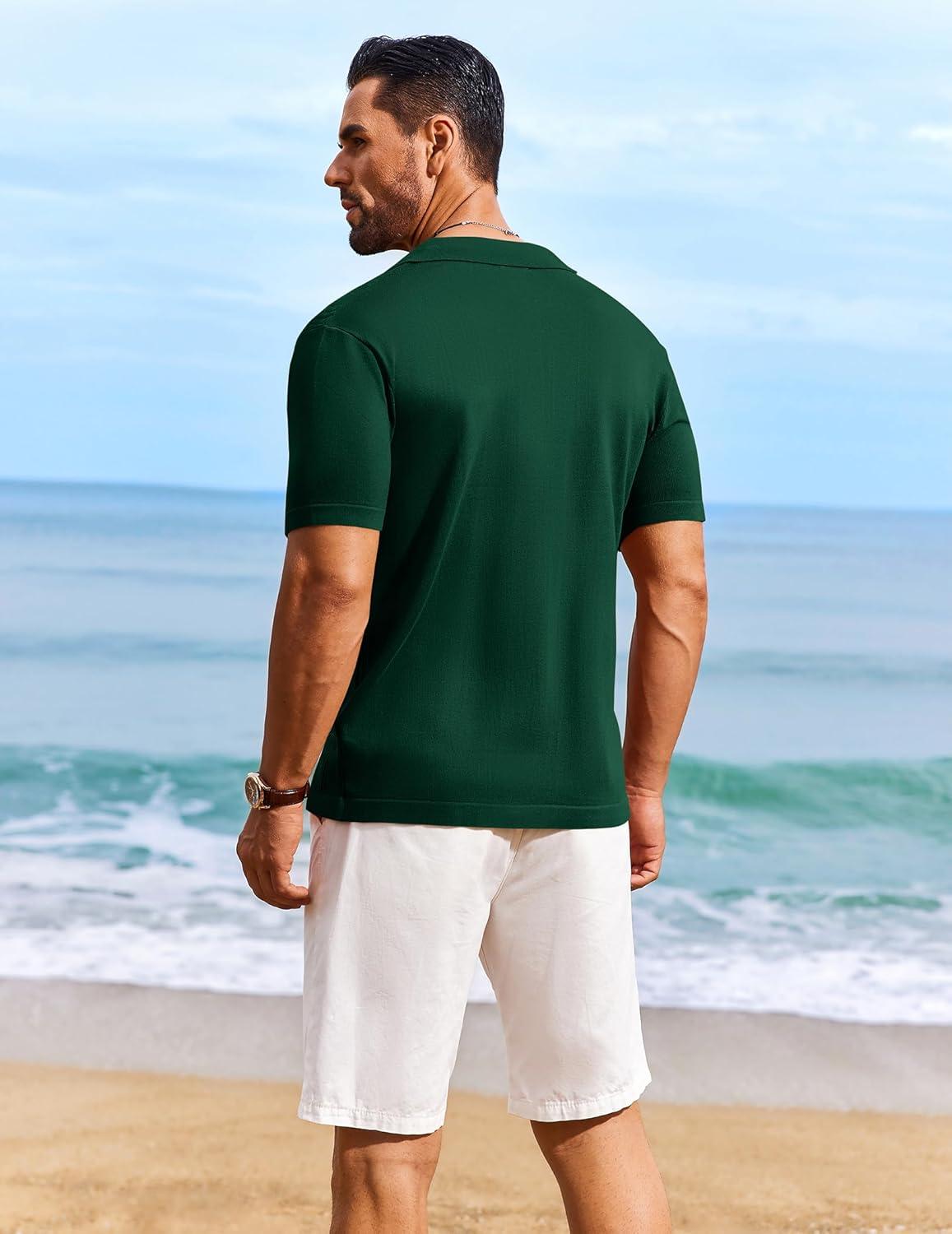imageCOOFANDY Mens Knit Shirts Short Sleeve Casual Button Down Polo Shirt Summer Beach Vacation ShirtsGreen