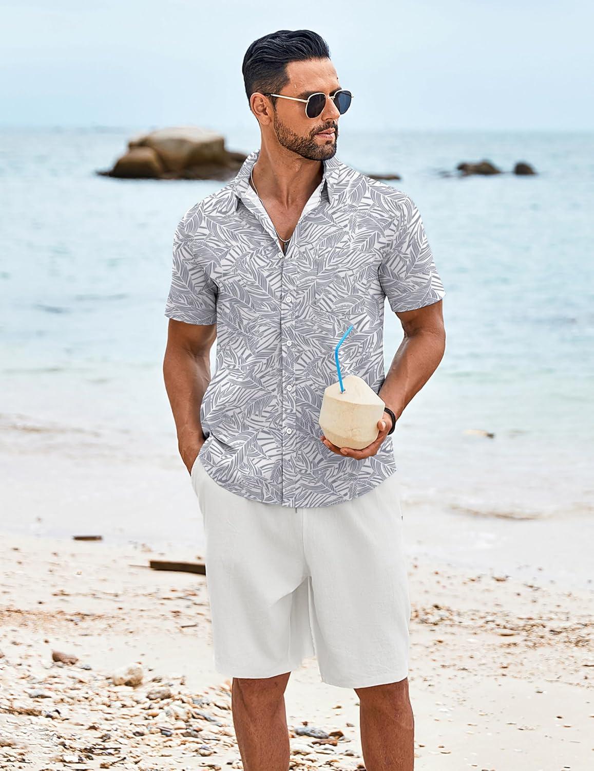 imageCOOFANDY Mens Knit Shirts Short Sleeve Casual Button Down Polo Shirt Summer Beach Vacation ShirtsGrey Blue Palm Leaf