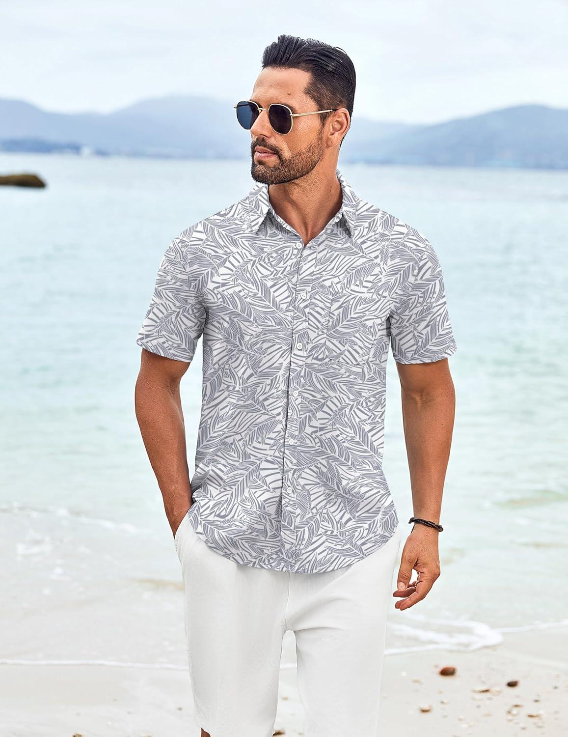 imageCOOFANDY Mens Knit Shirts Short Sleeve Casual Button Down Polo Shirt Summer Beach Vacation ShirtsGrey Blue Palm Leaf