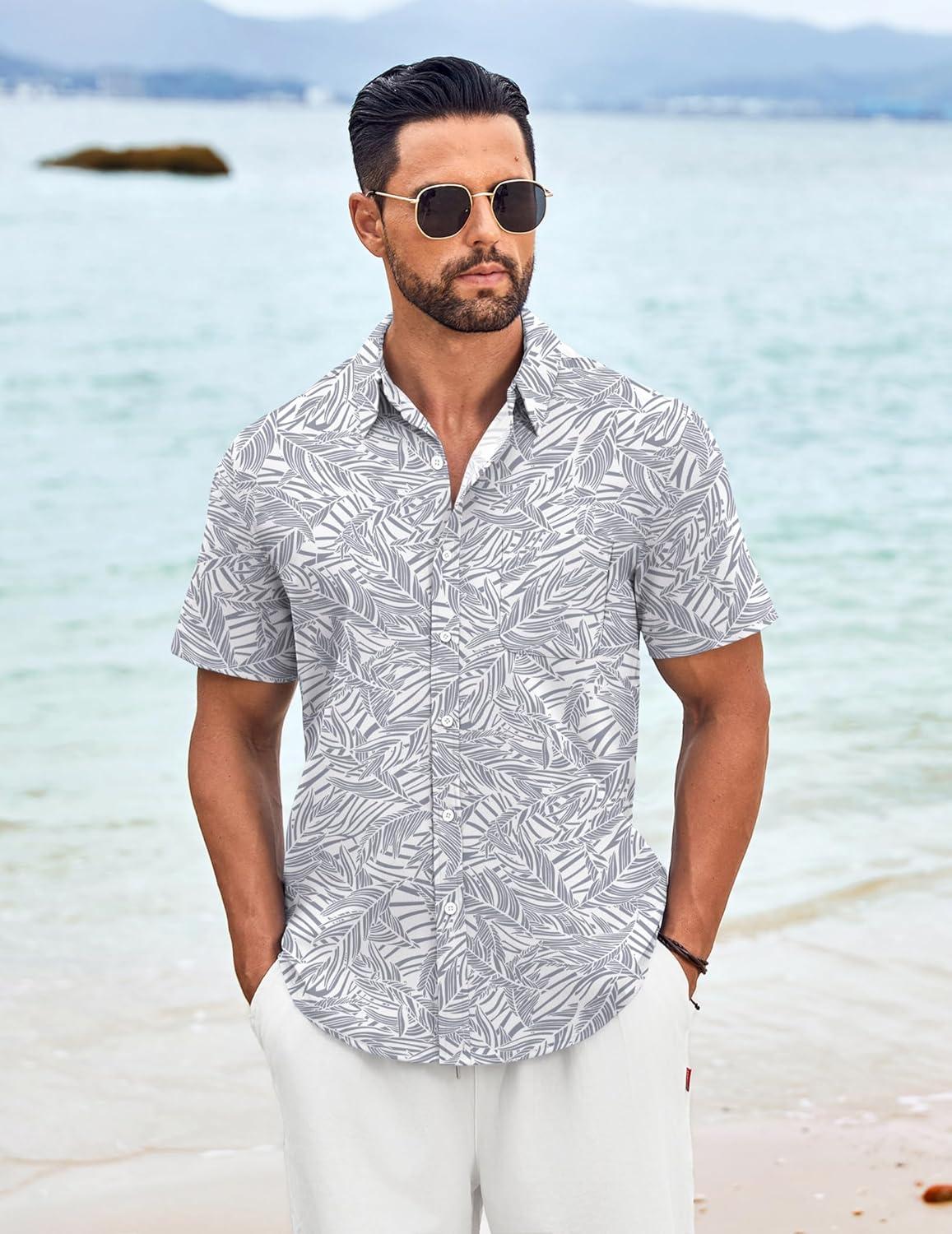 imageCOOFANDY Mens Knit Shirts Short Sleeve Casual Button Down Polo Shirt Summer Beach Vacation ShirtsGrey Blue Palm Leaf