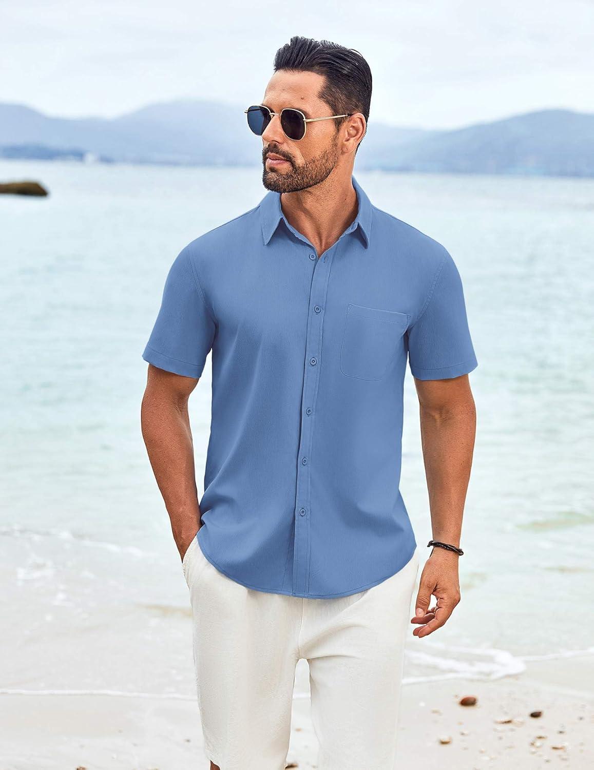imageCOOFANDY Mens Knit Shirts Short Sleeve Casual Button Down Polo Shirt Summer Beach Vacation ShirtsGrey Blue