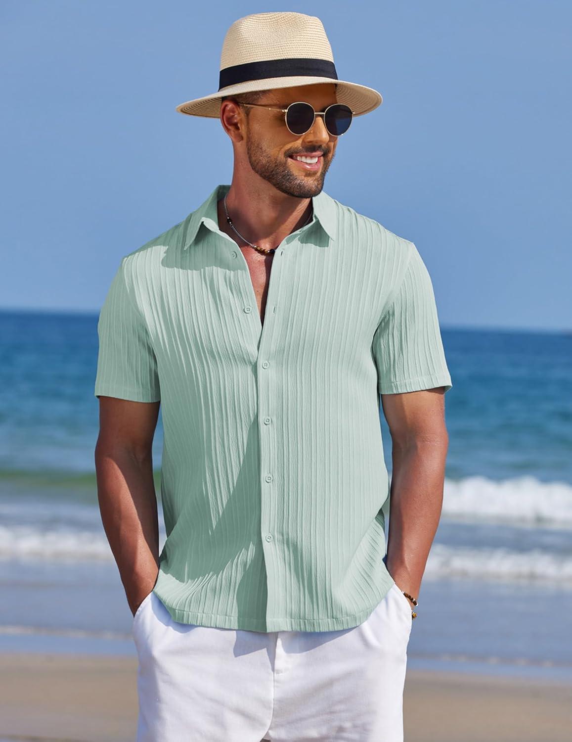 imageCOOFANDY Mens Knit Shirts Short Sleeve Casual Button Down Polo Shirt Summer Beach Vacation ShirtsIce Green