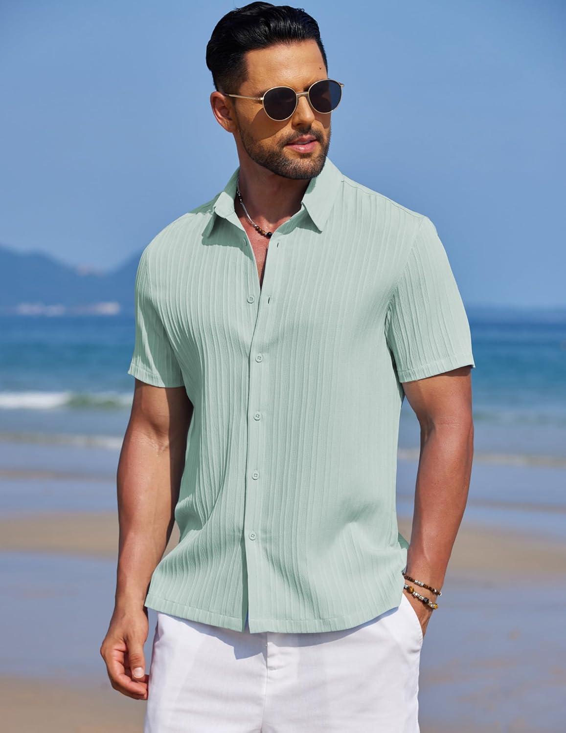 imageCOOFANDY Mens Knit Shirts Short Sleeve Casual Button Down Polo Shirt Summer Beach Vacation ShirtsIce Green