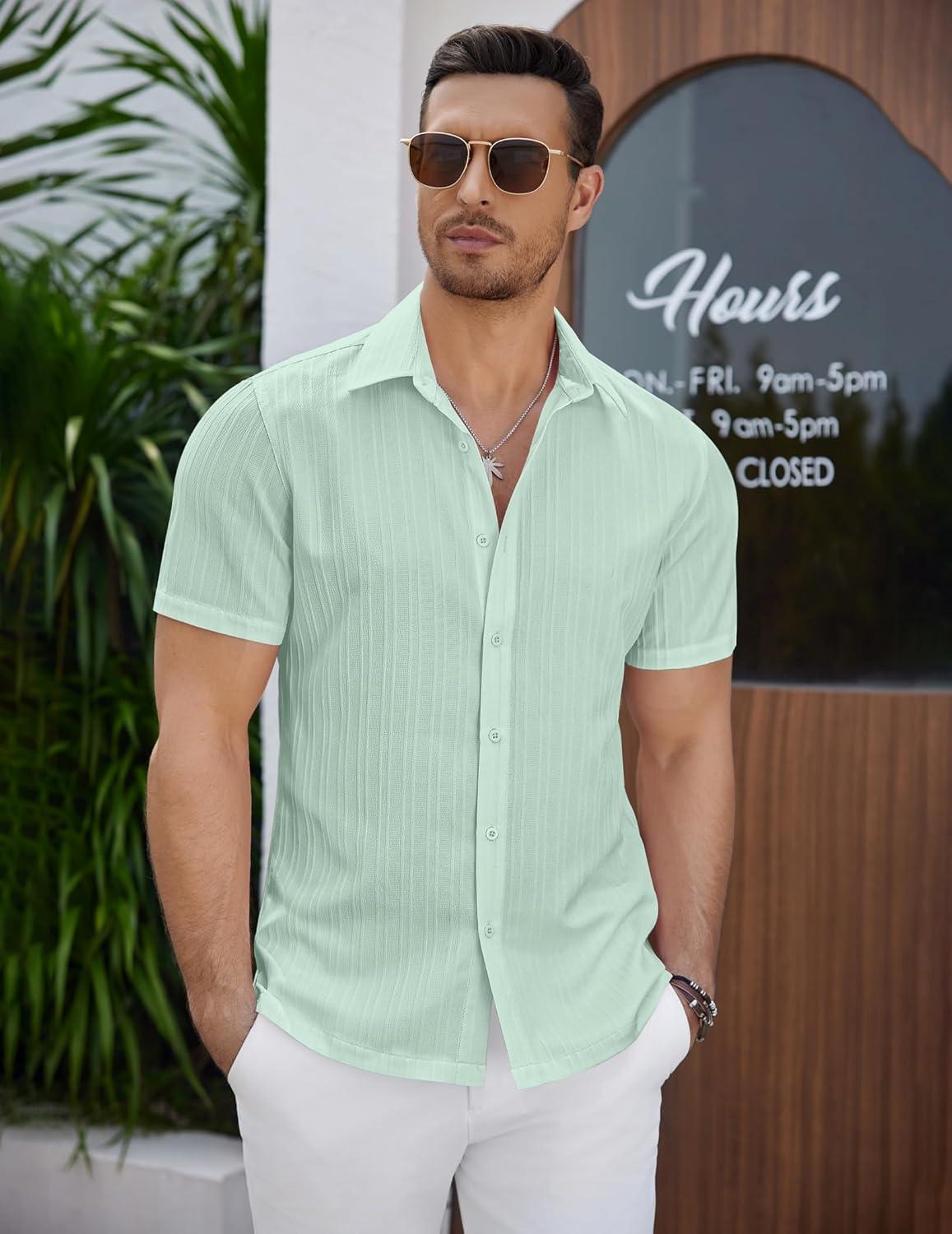 imageCOOFANDY Mens Knit Shirts Short Sleeve Casual Button Down Polo Shirt Summer Beach Vacation ShirtsIce Green