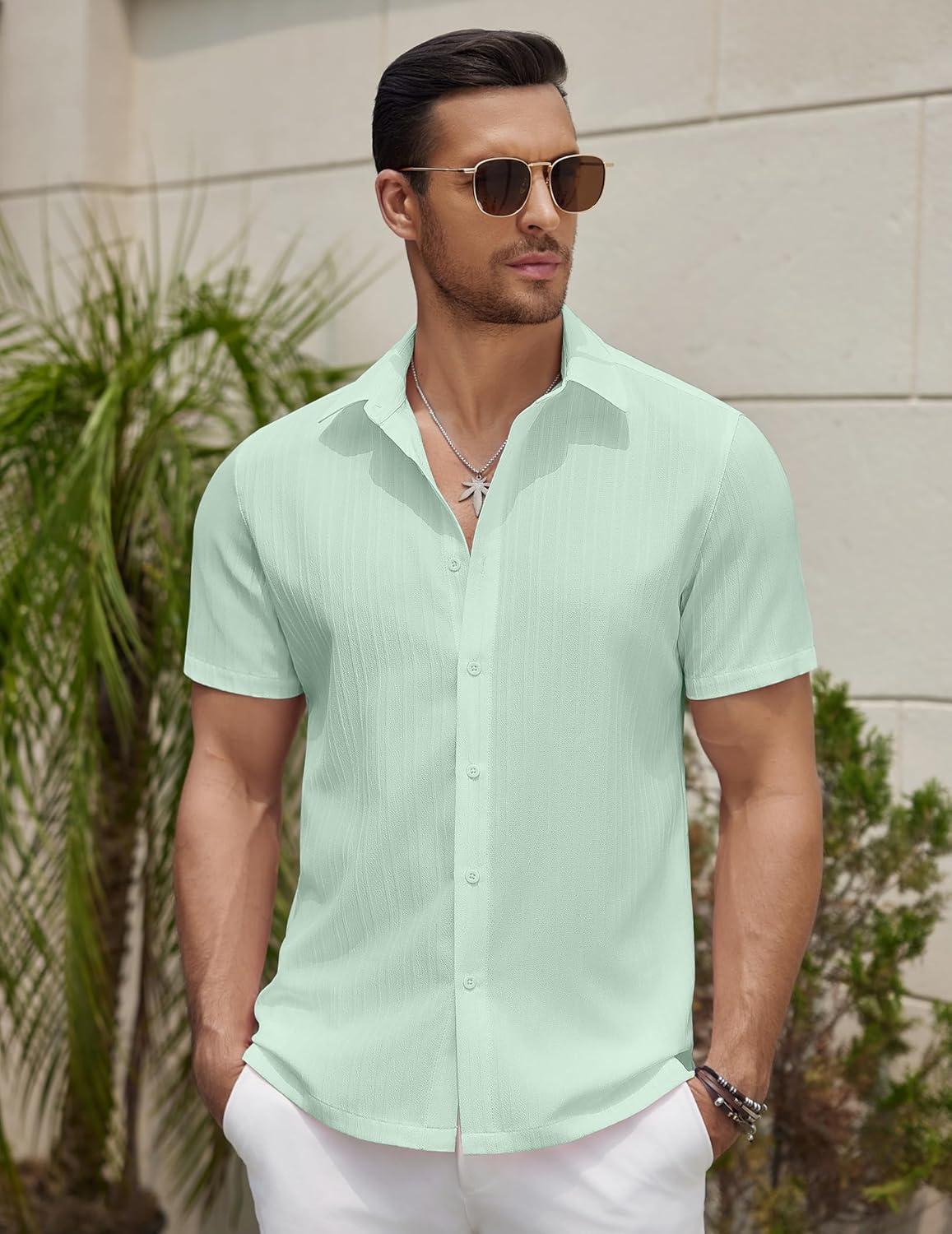 imageCOOFANDY Mens Knit Shirts Short Sleeve Casual Button Down Polo Shirt Summer Beach Vacation ShirtsIce Green