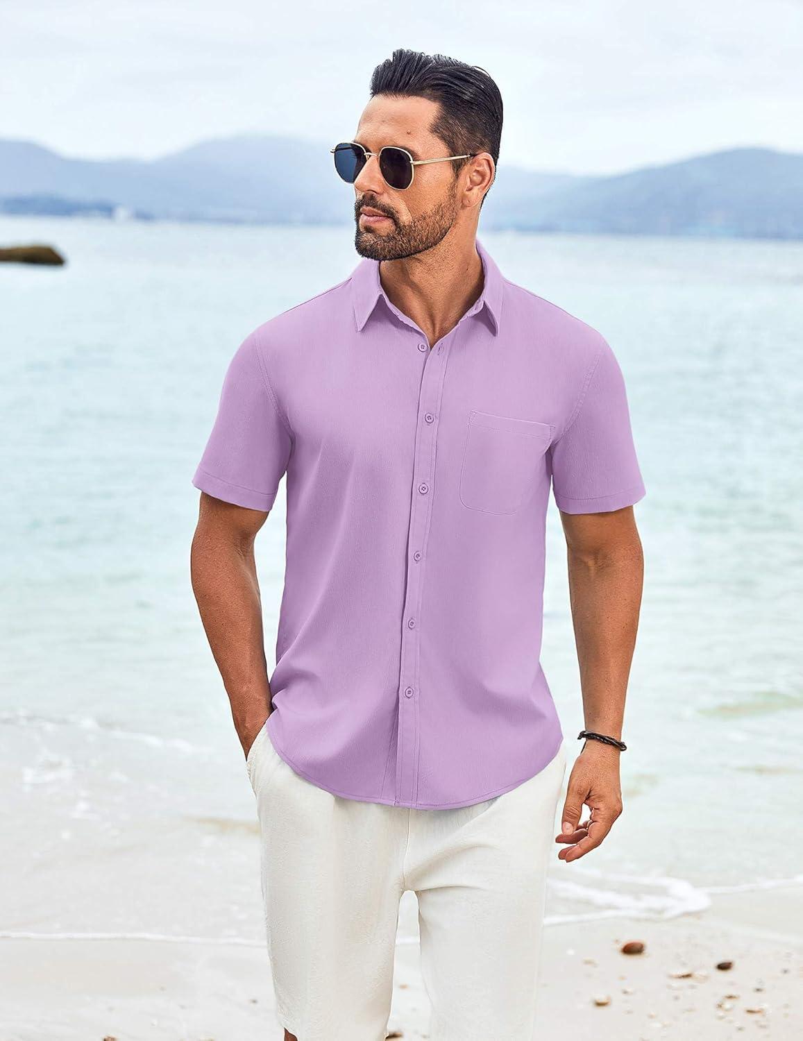 imageCOOFANDY Mens Knit Shirts Short Sleeve Casual Button Down Polo Shirt Summer Beach Vacation ShirtsLavender