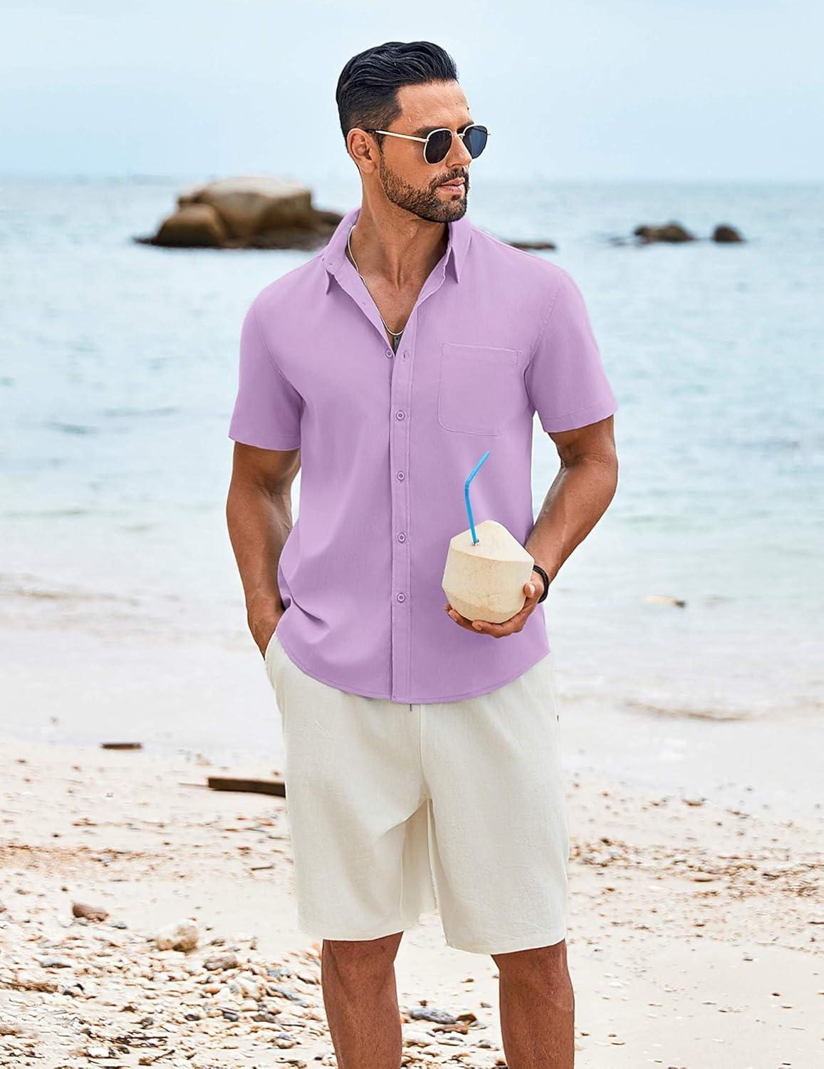 imageCOOFANDY Mens Knit Shirts Short Sleeve Casual Button Down Polo Shirt Summer Beach Vacation ShirtsLavender