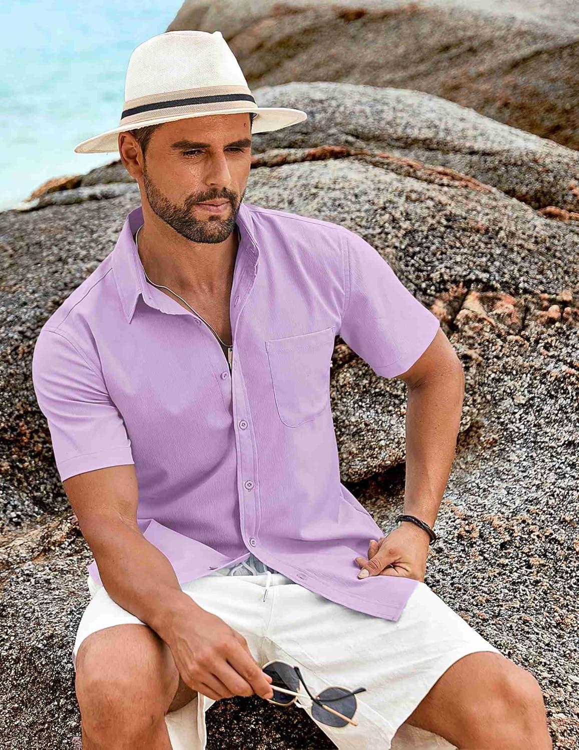 imageCOOFANDY Mens Knit Shirts Short Sleeve Casual Button Down Polo Shirt Summer Beach Vacation ShirtsLavender