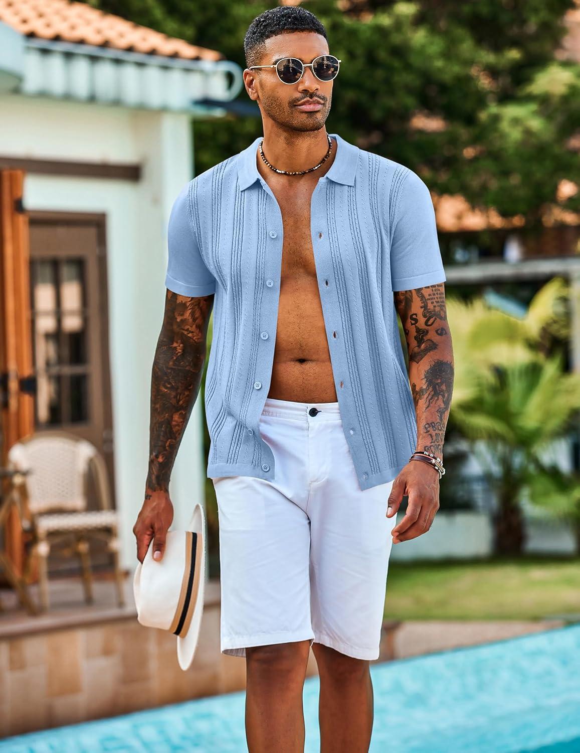 imageCOOFANDY Mens Knit Shirts Short Sleeve Casual Button Down Polo Shirt Summer Beach Vacation ShirtsLight Blue