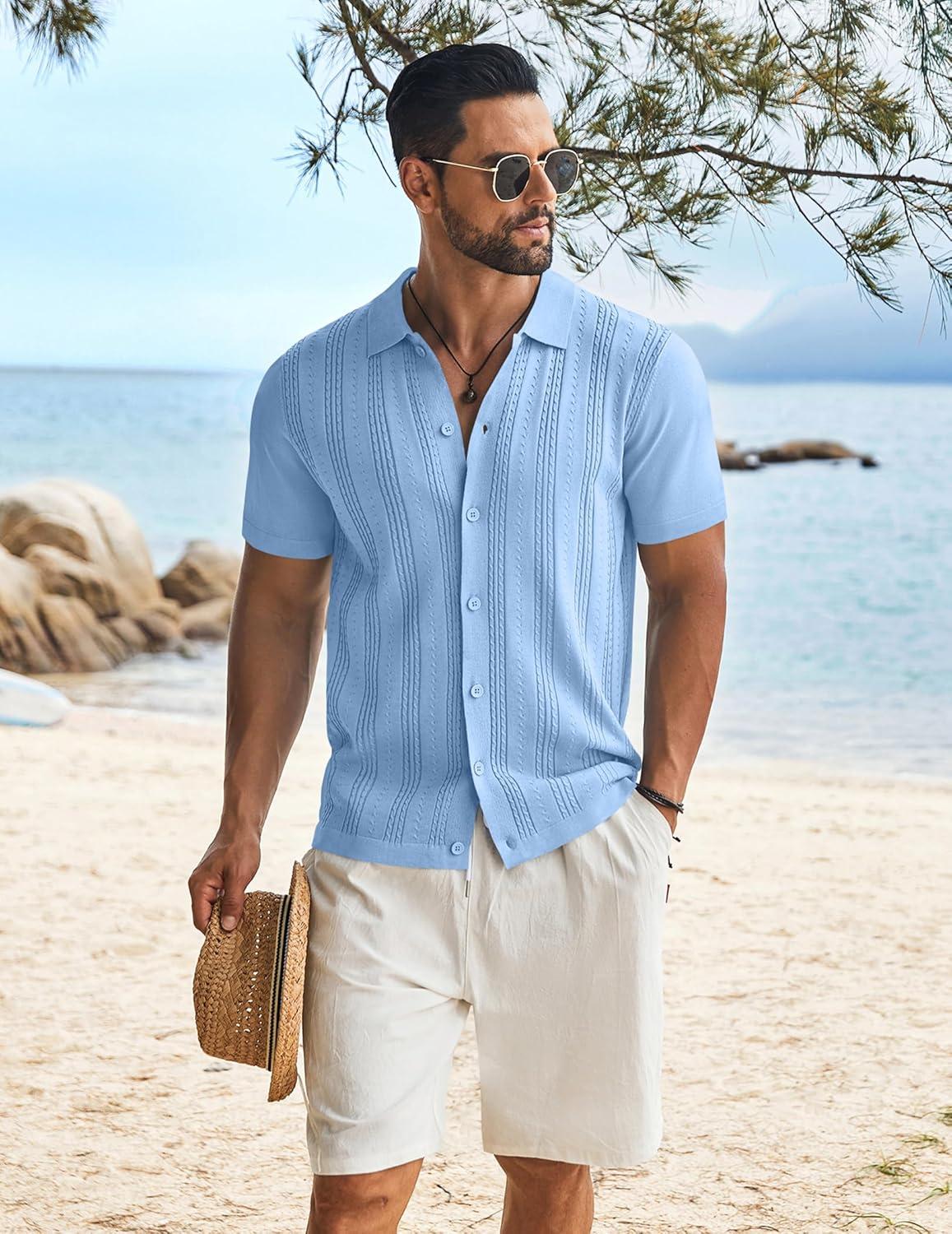 imageCOOFANDY Mens Knit Shirts Short Sleeve Casual Button Down Polo Shirt Summer Beach Vacation ShirtsLight Blue