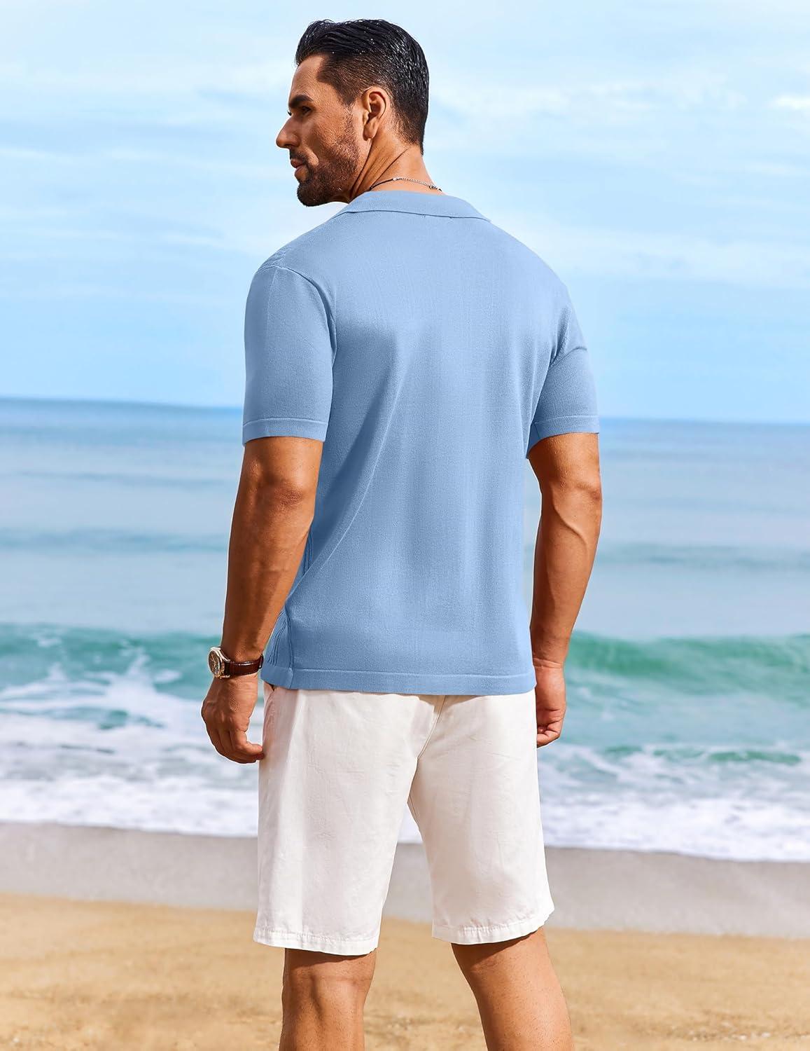 imageCOOFANDY Mens Knit Shirts Short Sleeve Casual Button Down Polo Shirt Summer Beach Vacation ShirtsLight Blue