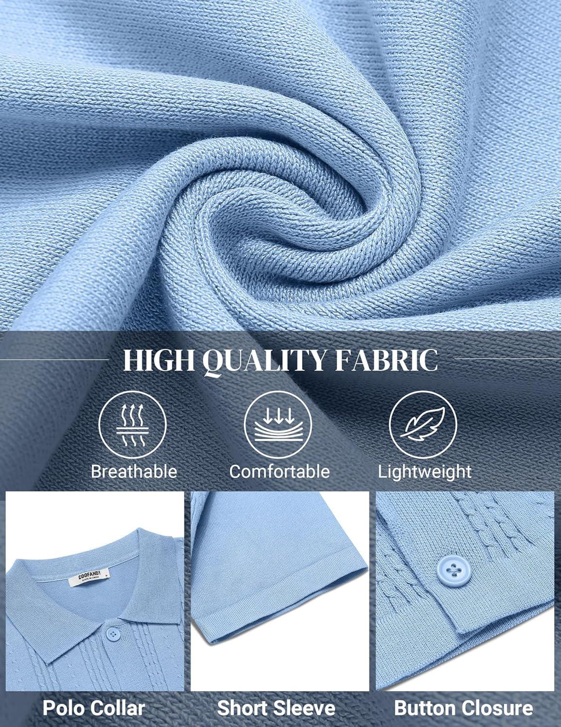 imageCOOFANDY Mens Knit Shirts Short Sleeve Casual Button Down Polo Shirt Summer Beach Vacation ShirtsLight Blue