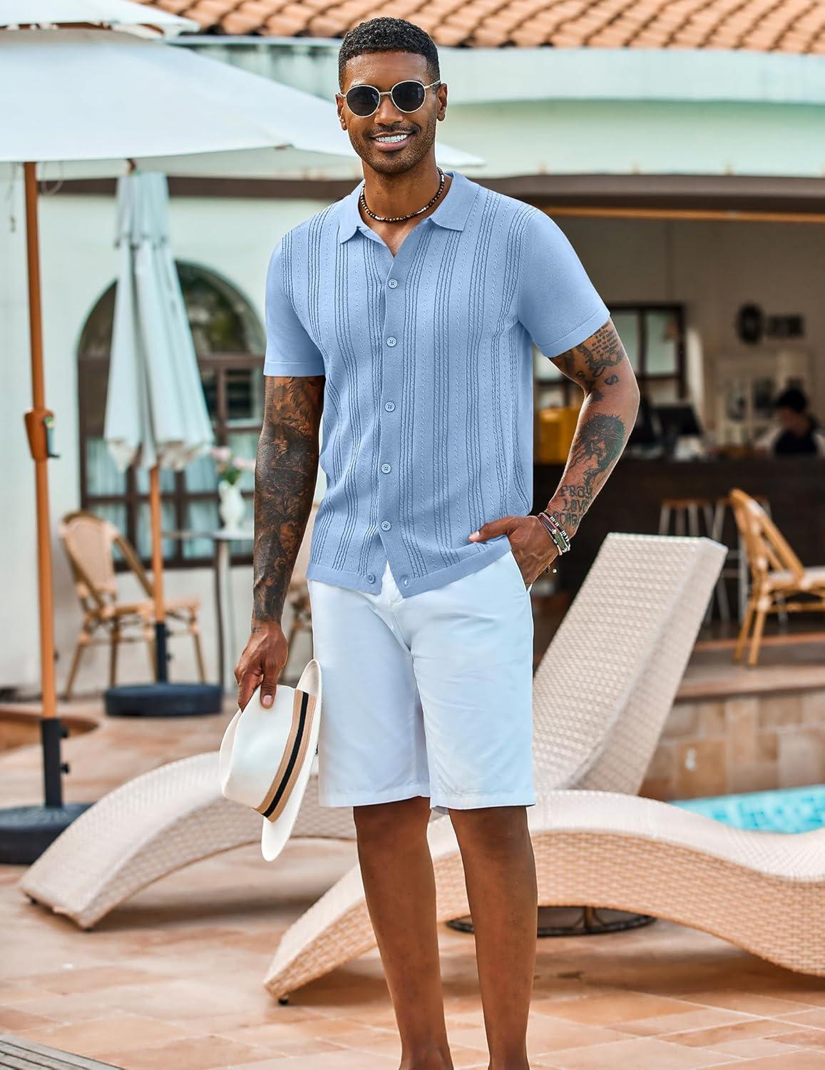 imageCOOFANDY Mens Knit Shirts Short Sleeve Casual Button Down Polo Shirt Summer Beach Vacation ShirtsLight Blue