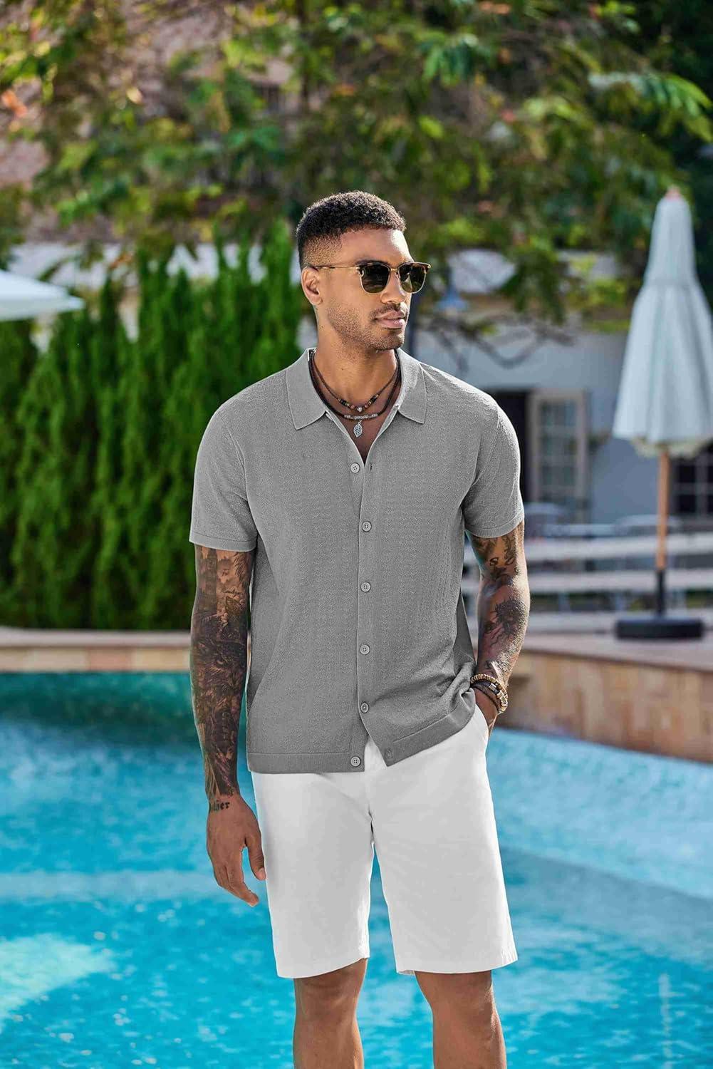 imageCOOFANDY Mens Knit Shirts Short Sleeve Casual Button Down Polo Shirt Summer Beach Vacation ShirtsLight Gray