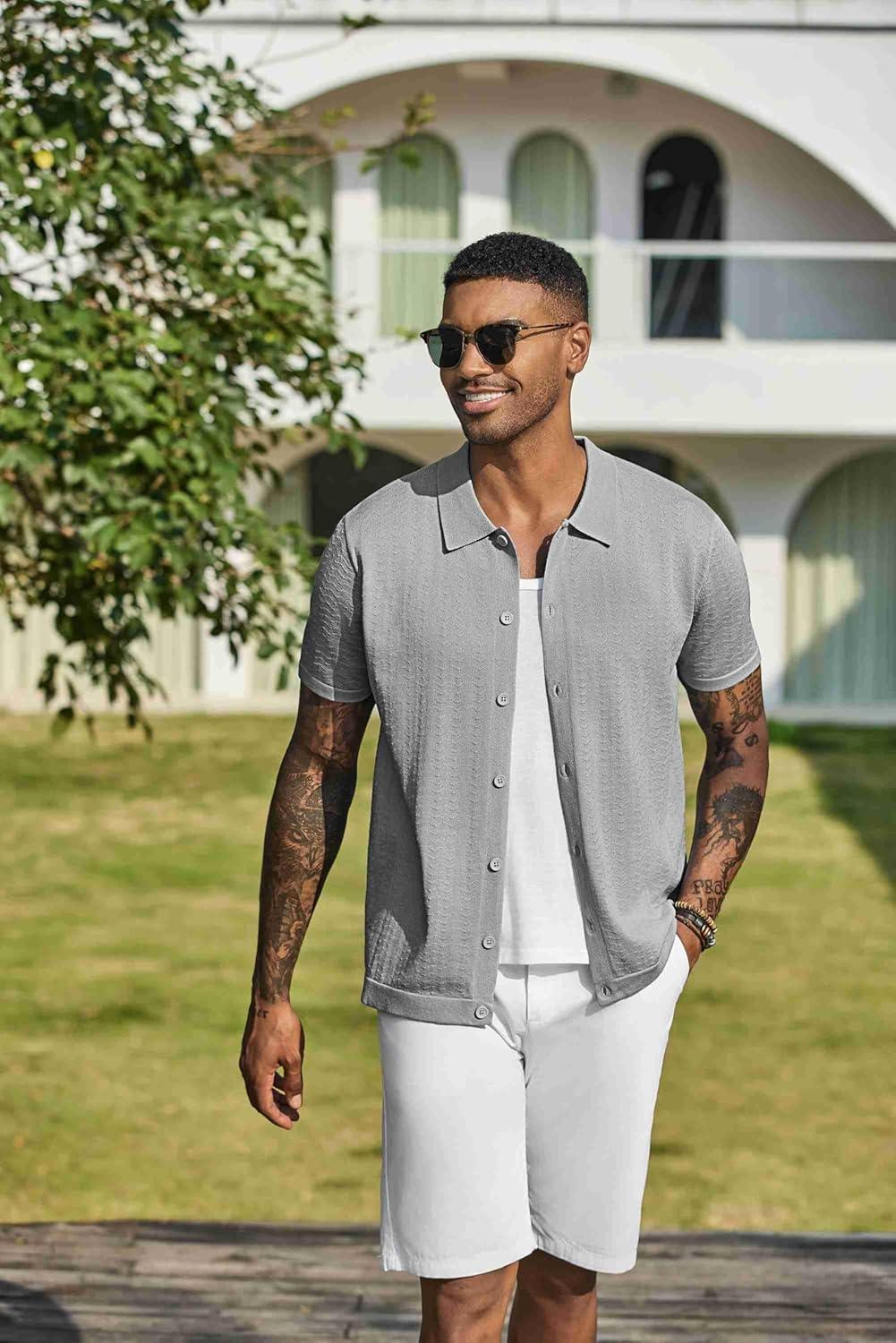 imageCOOFANDY Mens Knit Shirts Short Sleeve Casual Button Down Polo Shirt Summer Beach Vacation ShirtsLight Gray