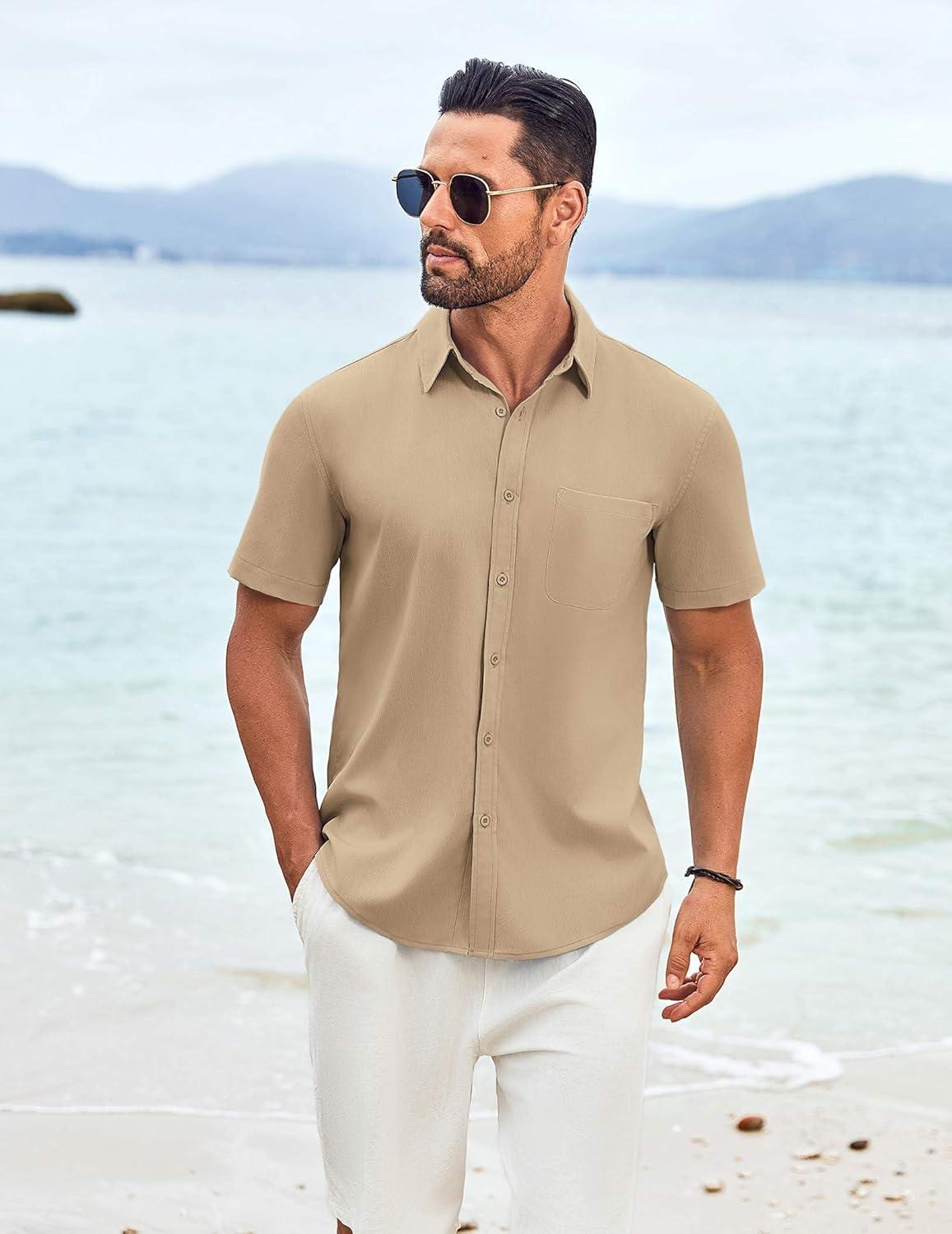 imageCOOFANDY Mens Knit Shirts Short Sleeve Casual Button Down Polo Shirt Summer Beach Vacation ShirtsLight Khaki