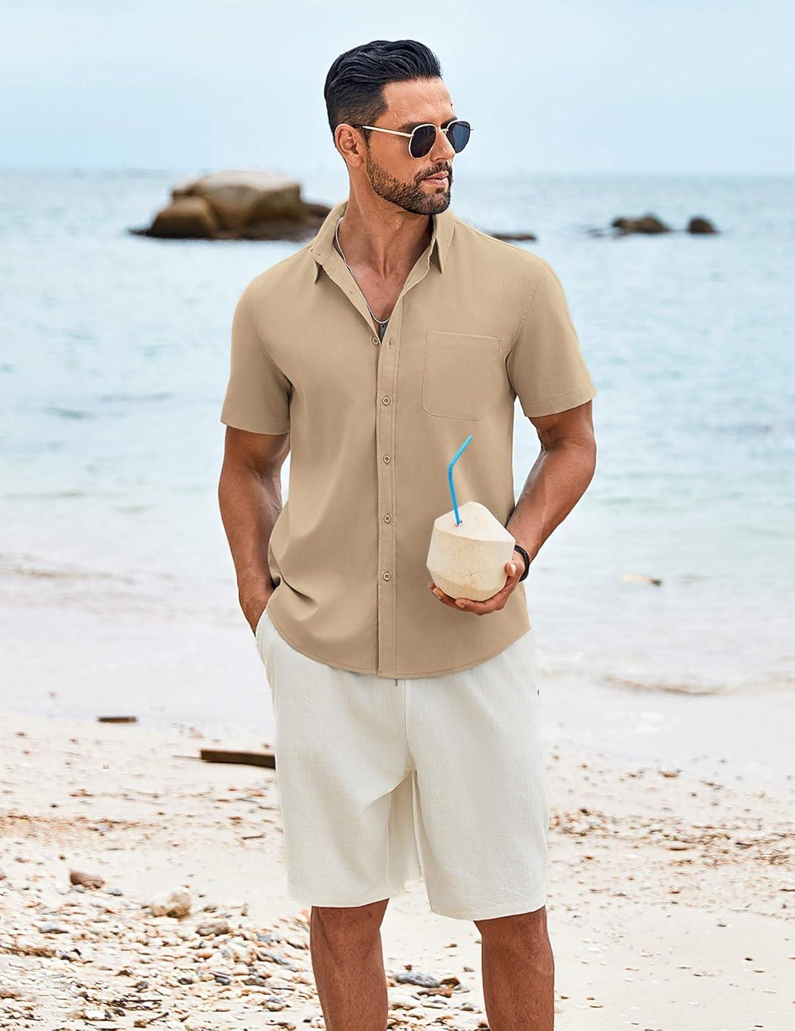 imageCOOFANDY Mens Knit Shirts Short Sleeve Casual Button Down Polo Shirt Summer Beach Vacation ShirtsLight Khaki