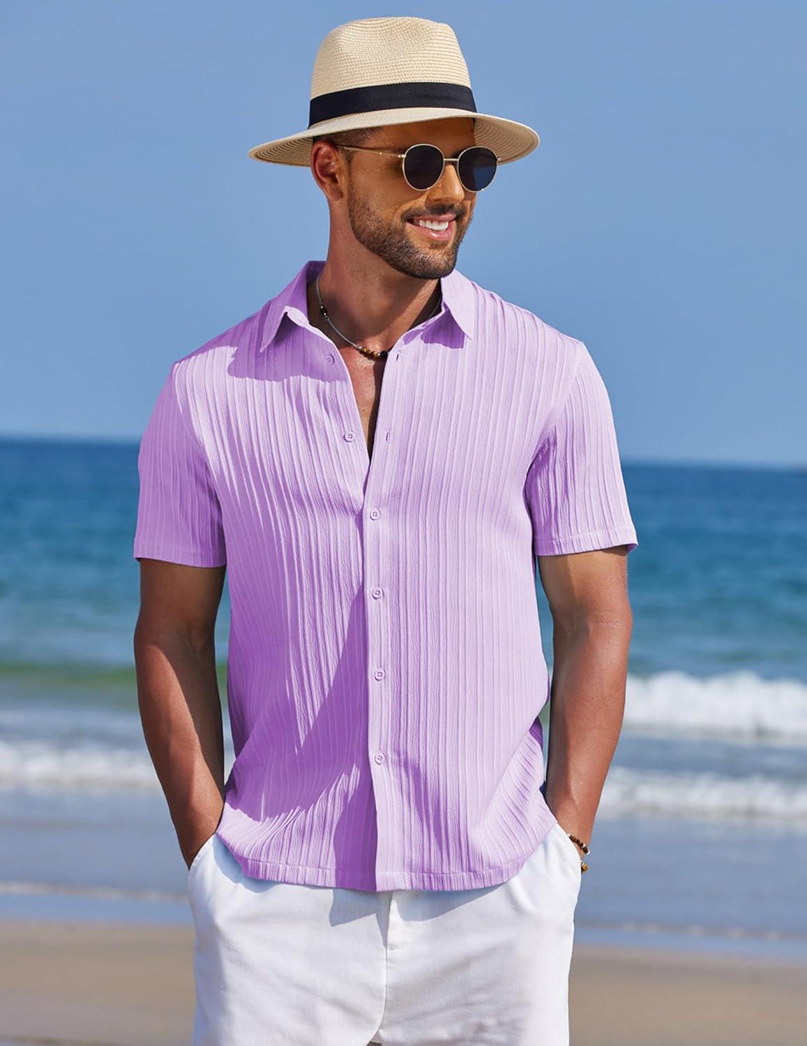 imageCOOFANDY Mens Knit Shirts Short Sleeve Casual Button Down Polo Shirt Summer Beach Vacation ShirtsLight Purple
