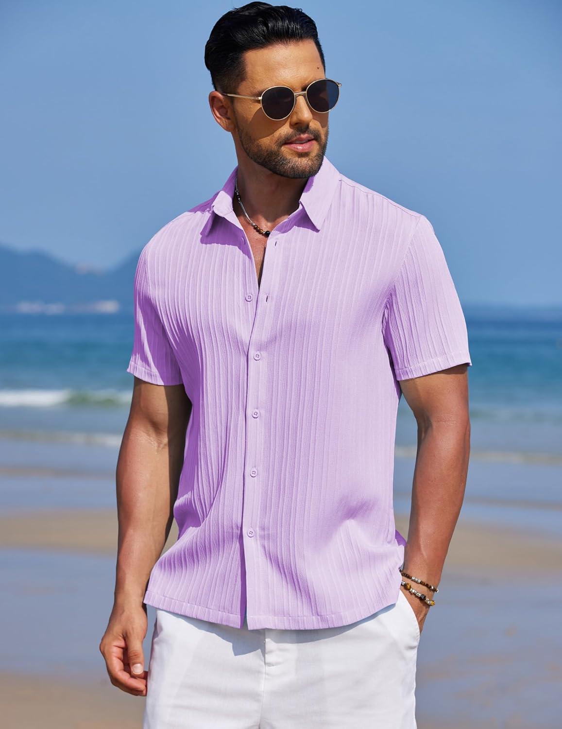 imageCOOFANDY Mens Knit Shirts Short Sleeve Casual Button Down Polo Shirt Summer Beach Vacation ShirtsLight Purple