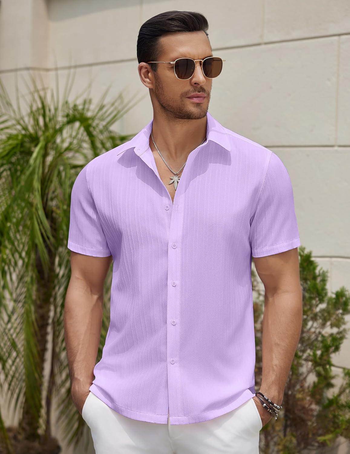 imageCOOFANDY Mens Knit Shirts Short Sleeve Casual Button Down Polo Shirt Summer Beach Vacation ShirtsLight Purple