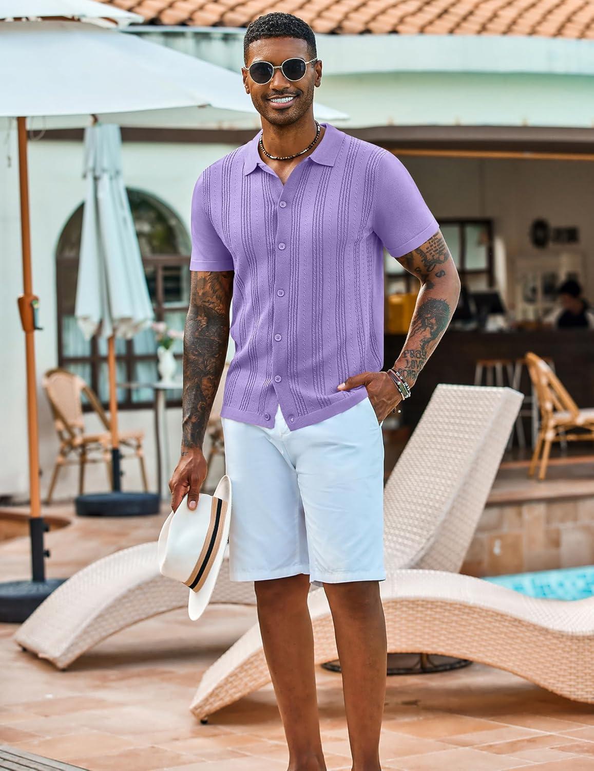 imageCOOFANDY Mens Knit Shirts Short Sleeve Casual Button Down Polo Shirt Summer Beach Vacation ShirtsLilac